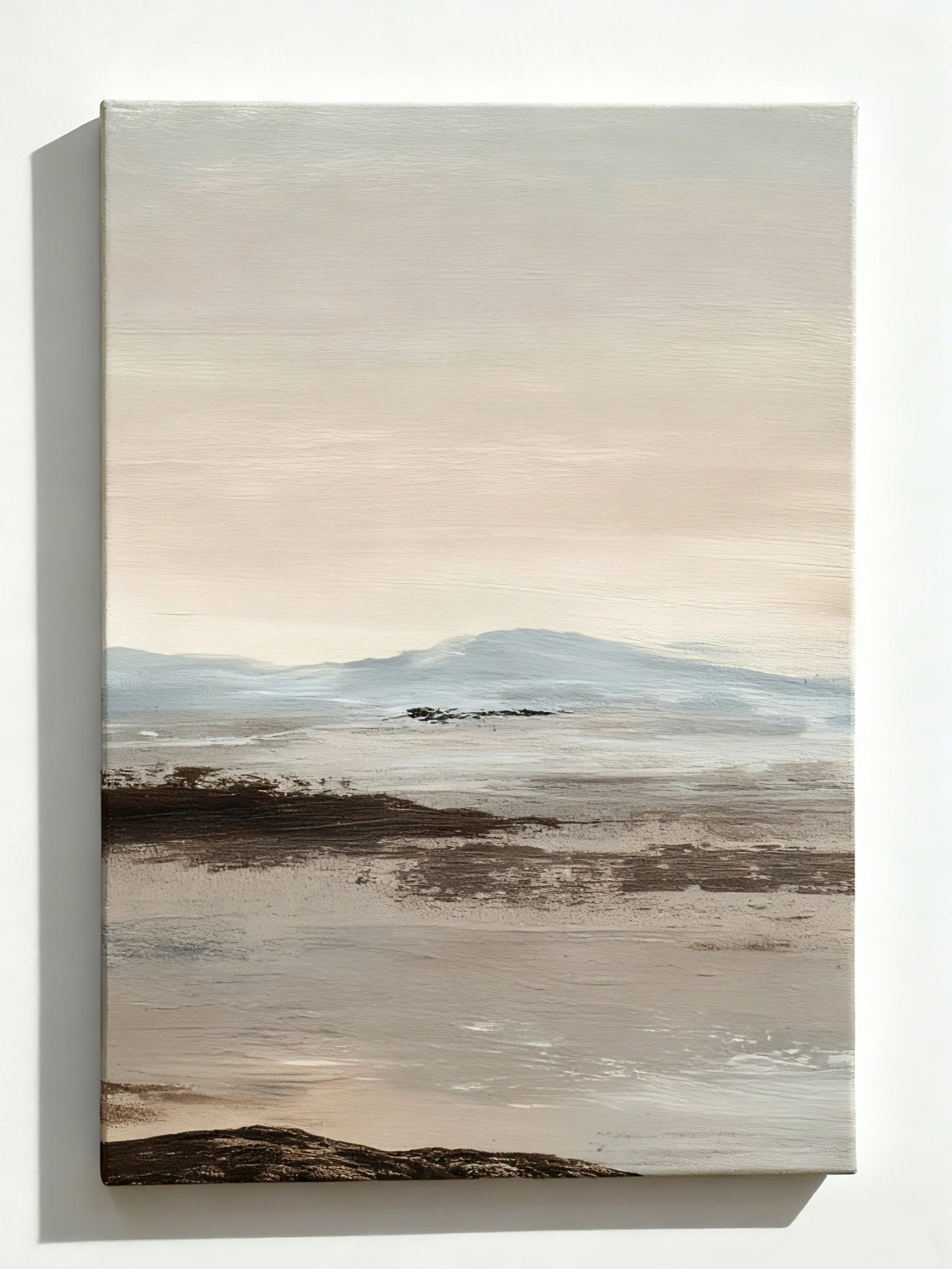 Abstract Wabi-Sabi landscape painting with river and mountains on pure color background, hand-painted textured canvas ar