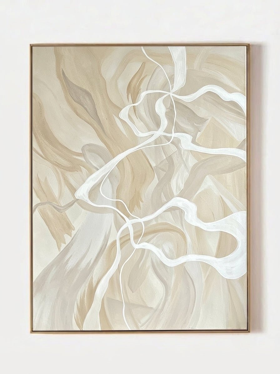Large 100% hand-painted modern organic abstract canvas painting with fluid ivory white lines over a warm beige and oatmeal background by Seraphina Rose for bedroom wall decor.