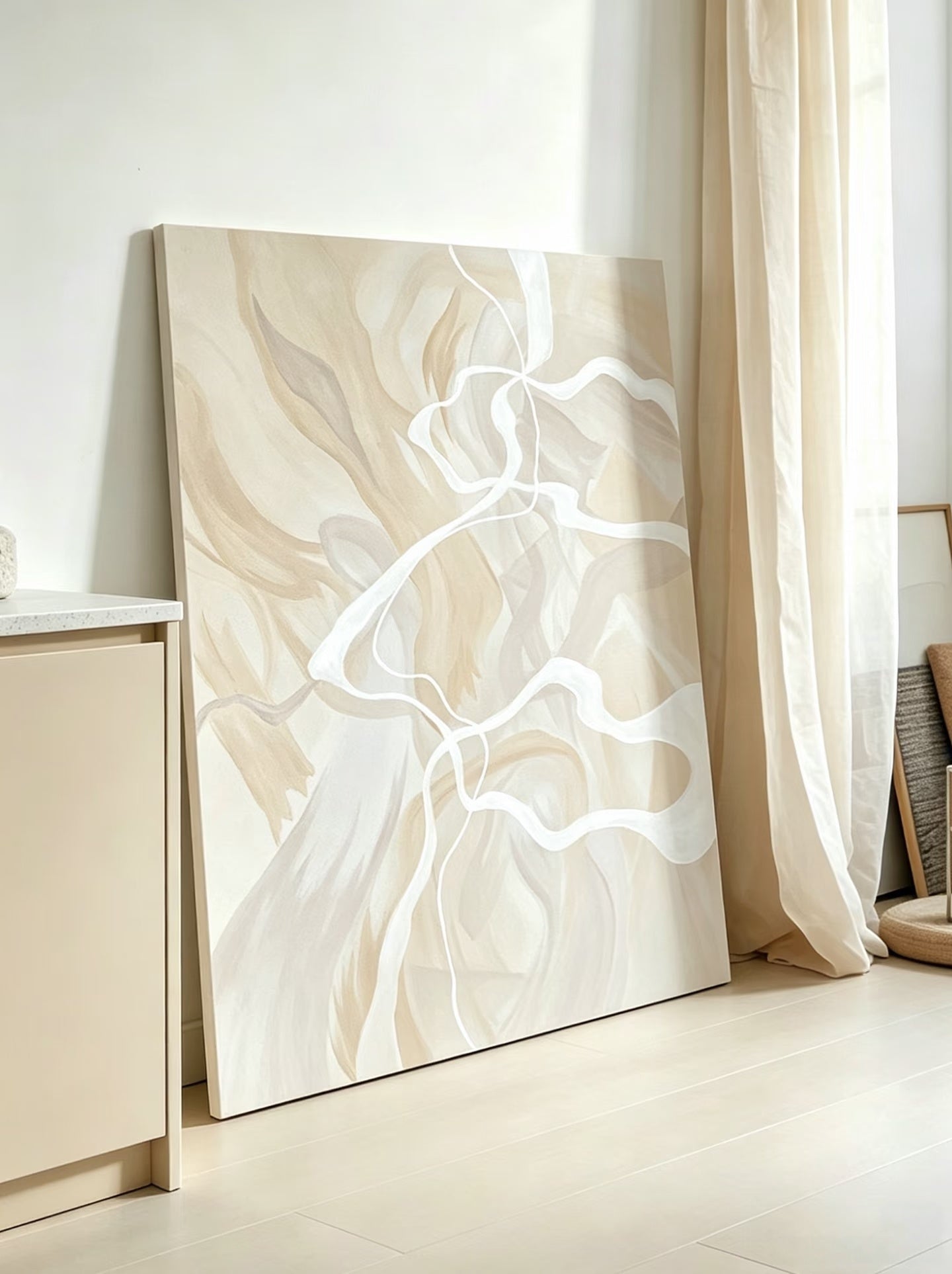 Large 100% hand-painted modern organic abstract canvas painting with fluid ivory white lines over a warm beige and oatmeal background by Seraphina Rose for bedroom wall decor.