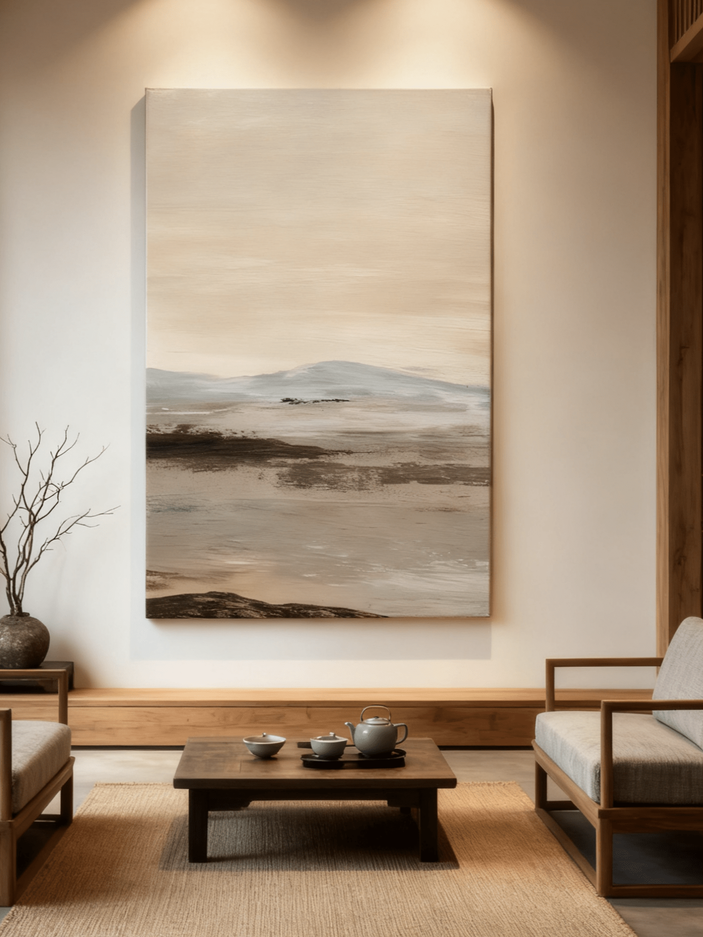Wabi-Sabi abstract landscape wall art displayed in a modern living room, showcasing how the painting enhances home decor