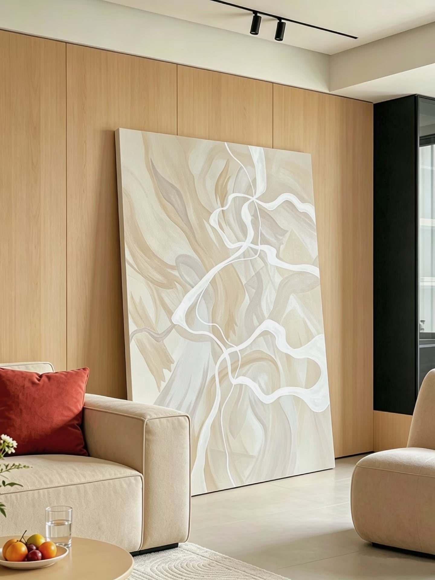 Large 100% hand-painted modern organic abstract canvas painting with fluid ivory white lines over a warm beige and oatmeal background by Seraphina Rose for bedroom wall decor.