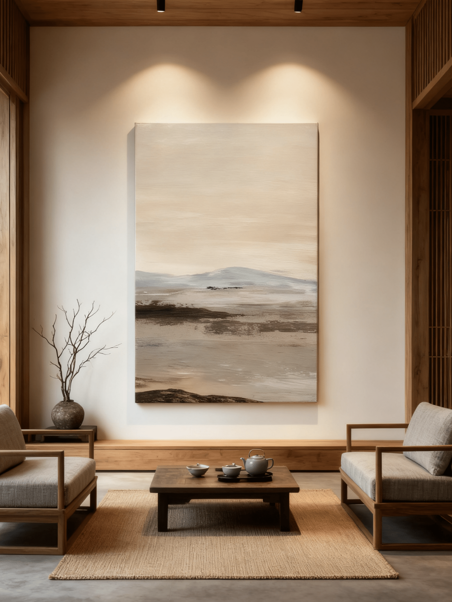 Wabi-Sabi abstract landscape wall art displayed in a modern living room, showcasing how the painting enhances home decor