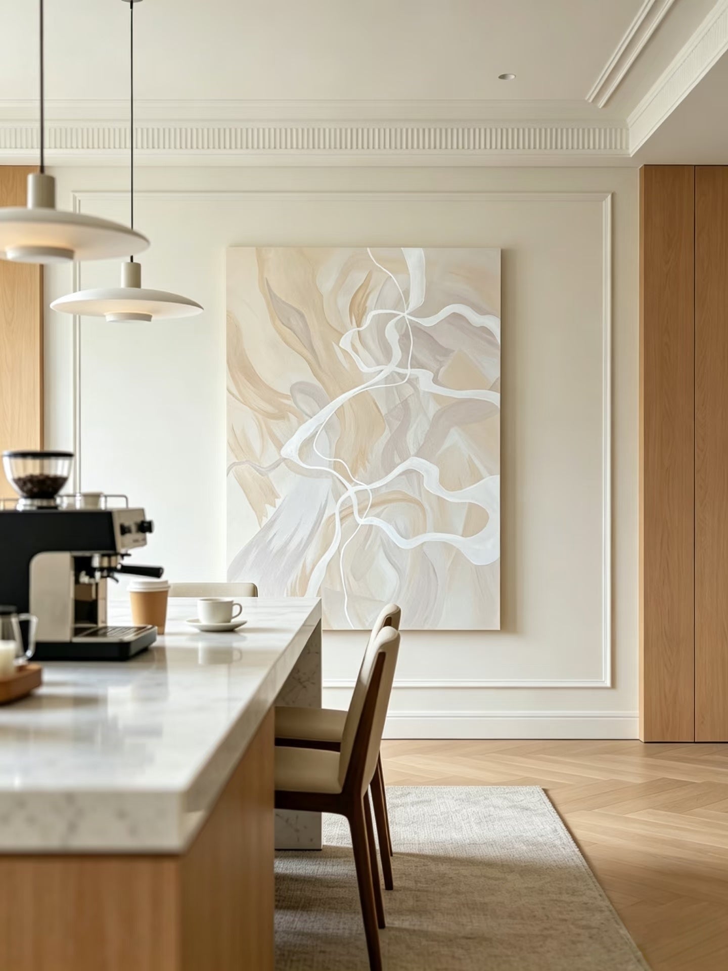 Large 100% hand-painted modern organic abstract canvas painting with fluid ivory white lines over a warm beige and oatmeal background by Seraphina Rose for bedroom wall decor.
