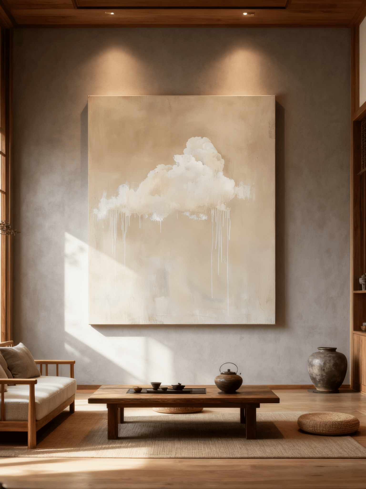 Minimalist cloud wall art displayed in a modern living room, showing how the painting enhances neutral home decor