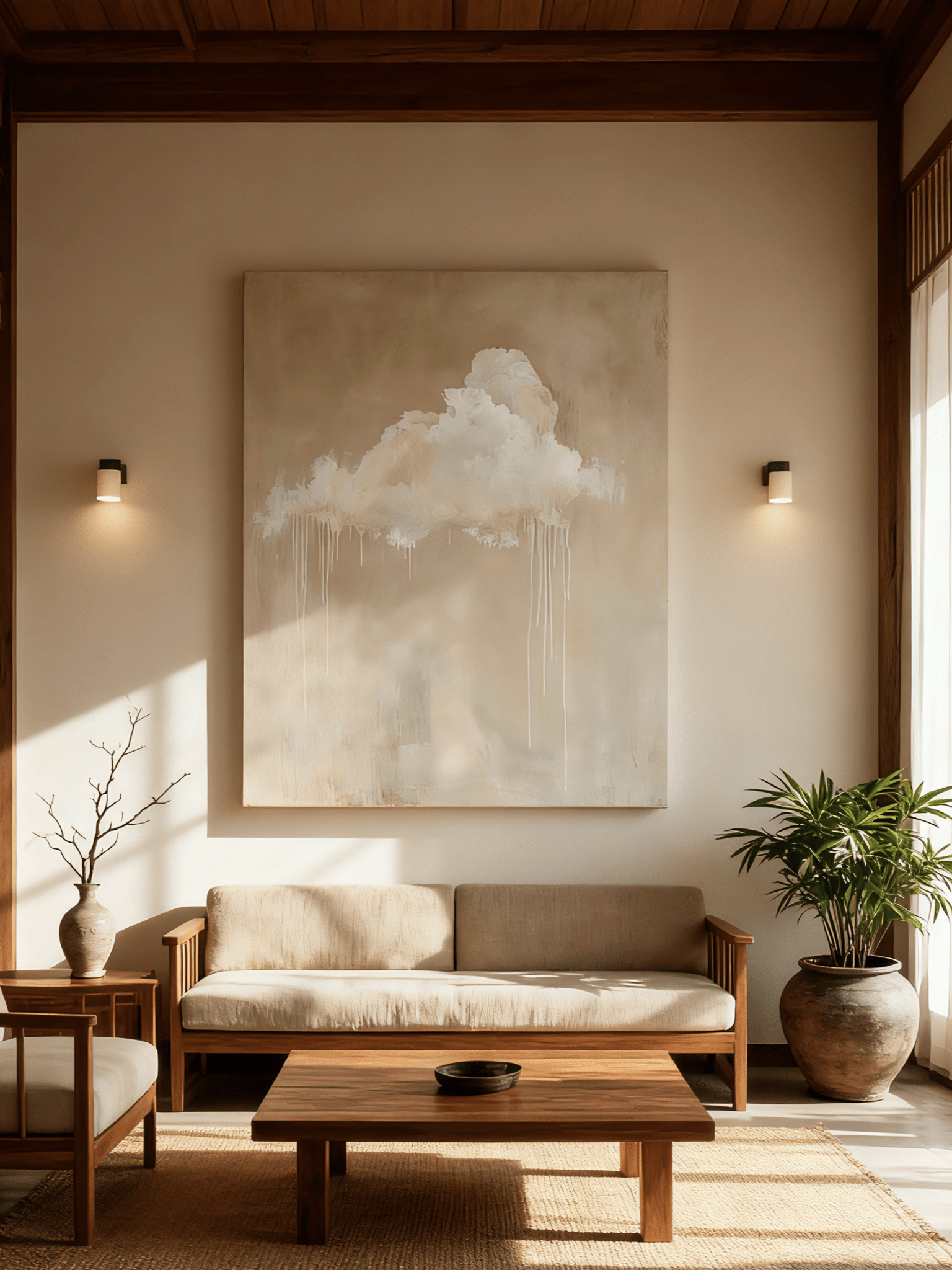Minimalist cloud wall art displayed in a modern living room, showing how the painting enhances neutral home decor