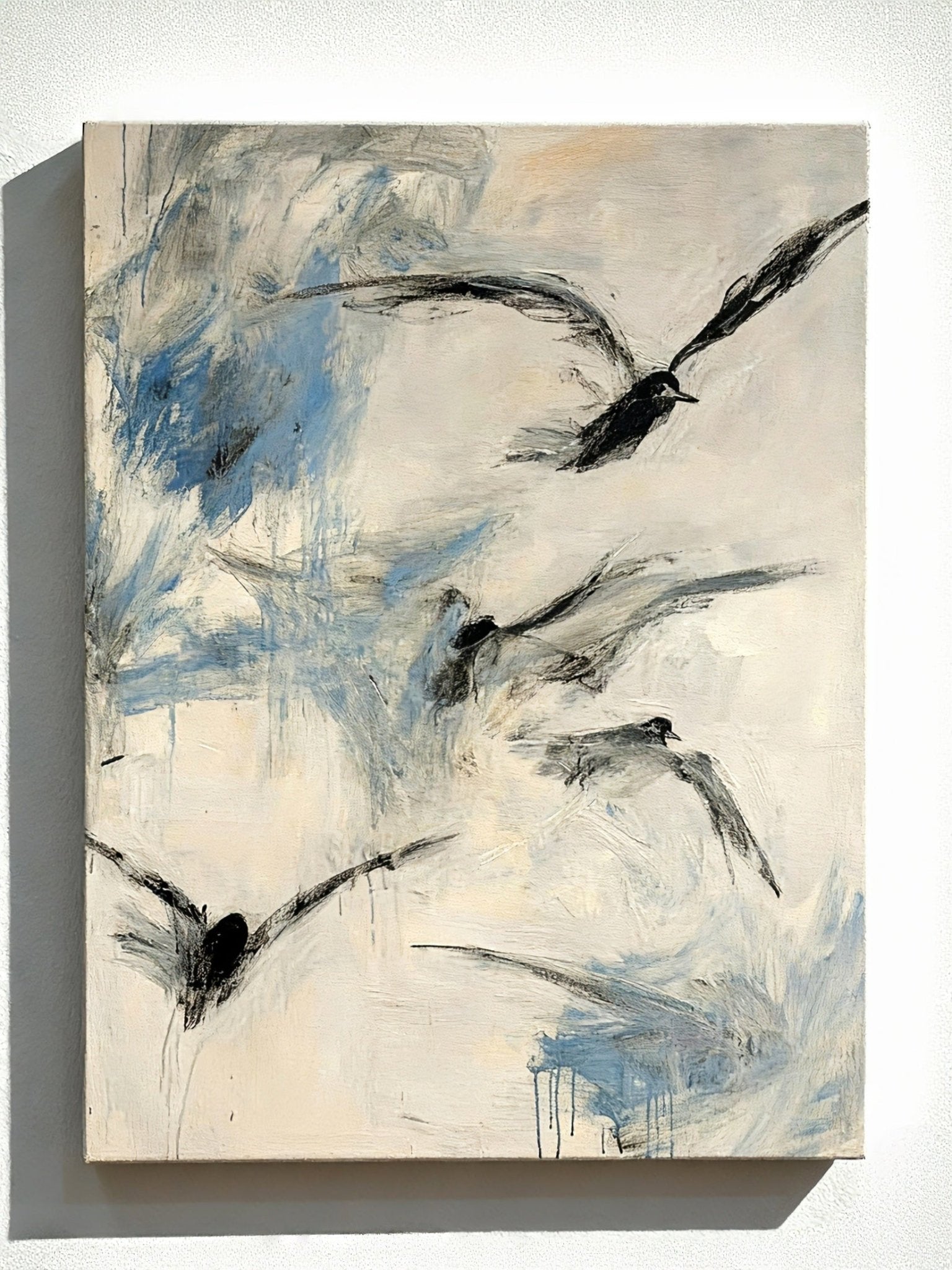 Abstract Wabi-Sabi flying geese painting on pure color background, hand-painted textured canvas art with minimalist bird theme