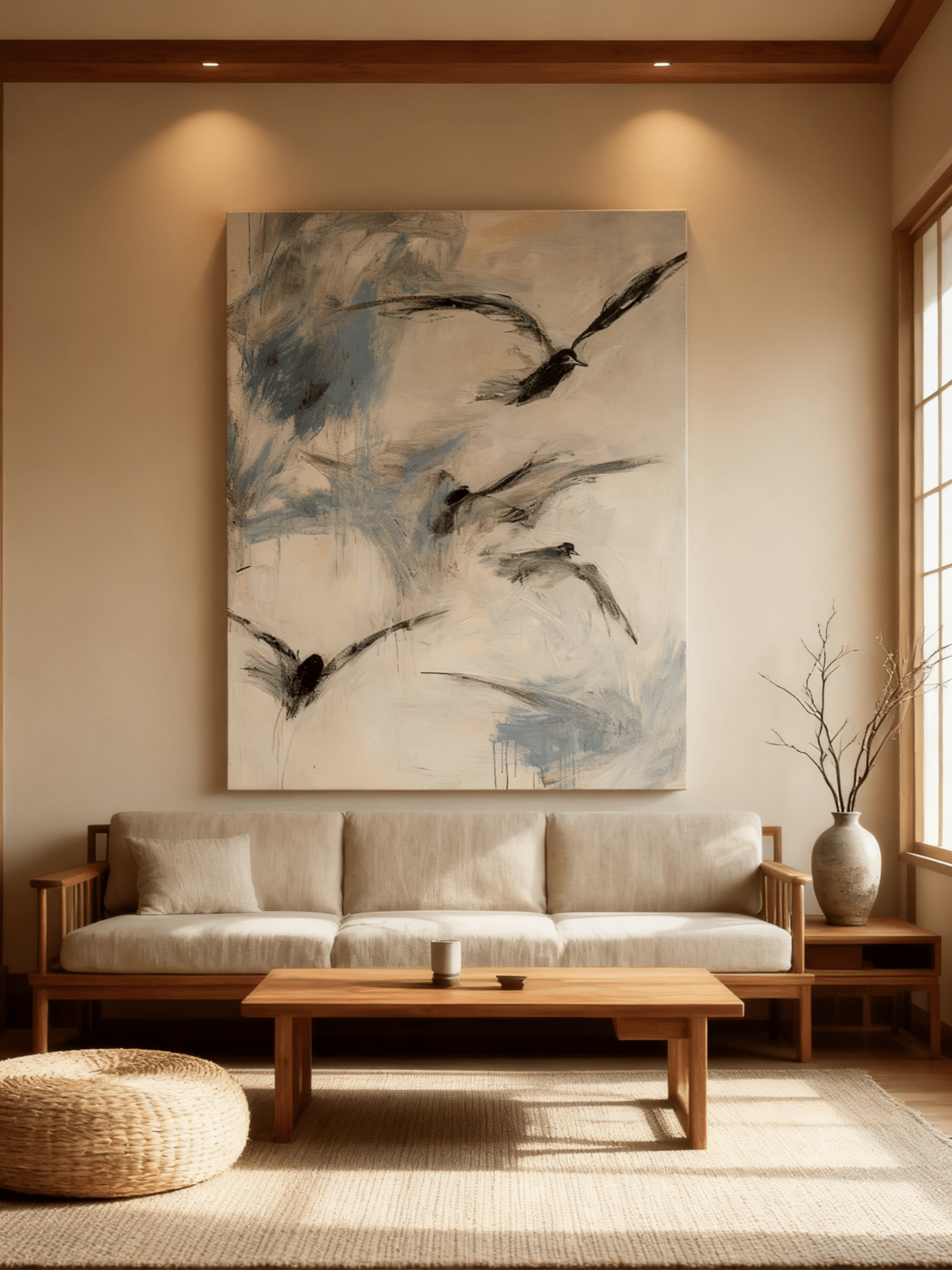 Minimalist flying geese wall art displayed in a modern living room, showing how the painting enhances neutral home decor