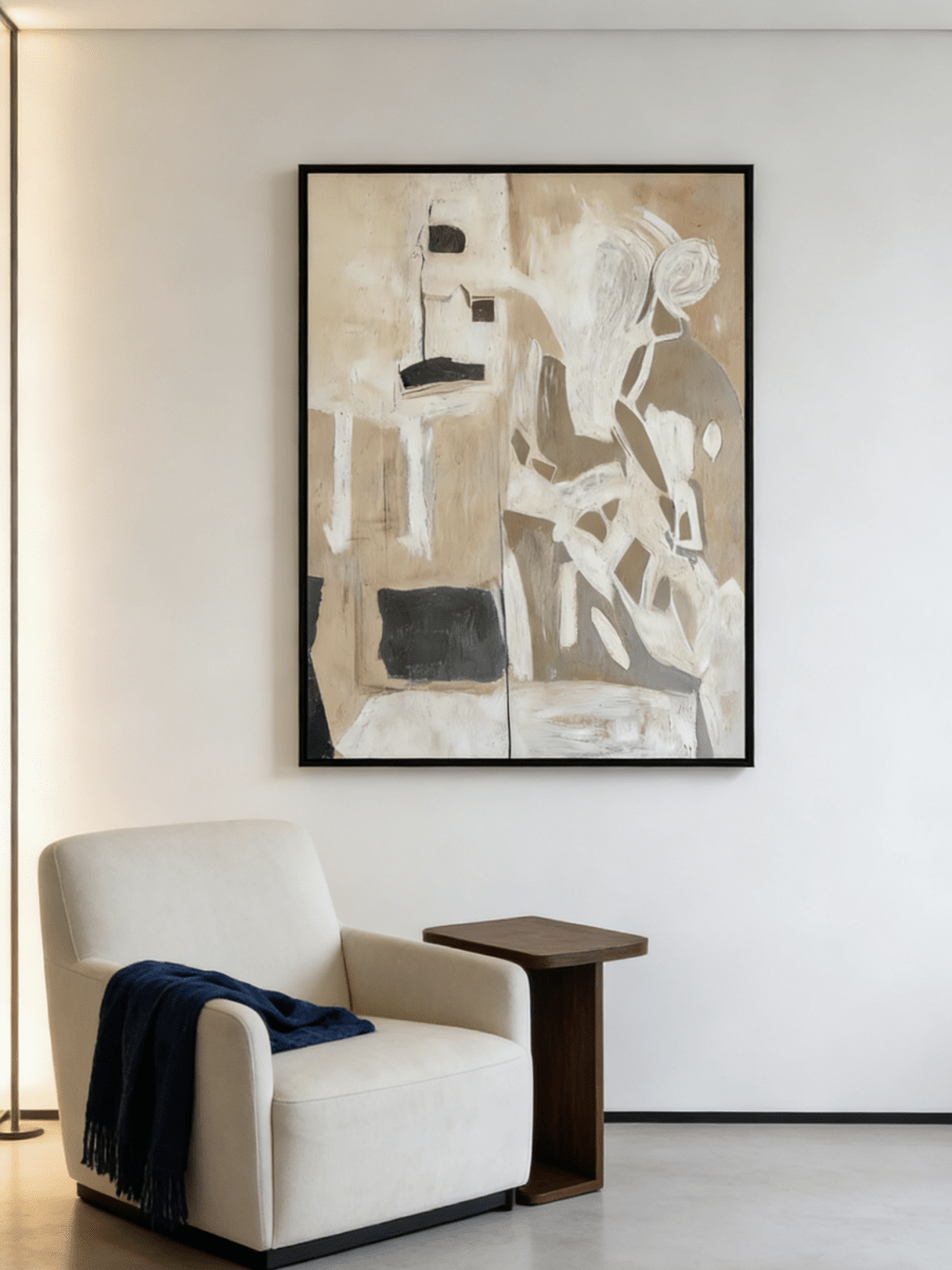 Large vertical hand-painted abstract female figure painting in neutral earth tones (sand, beige, black) , styled in a modern minimalist living room.