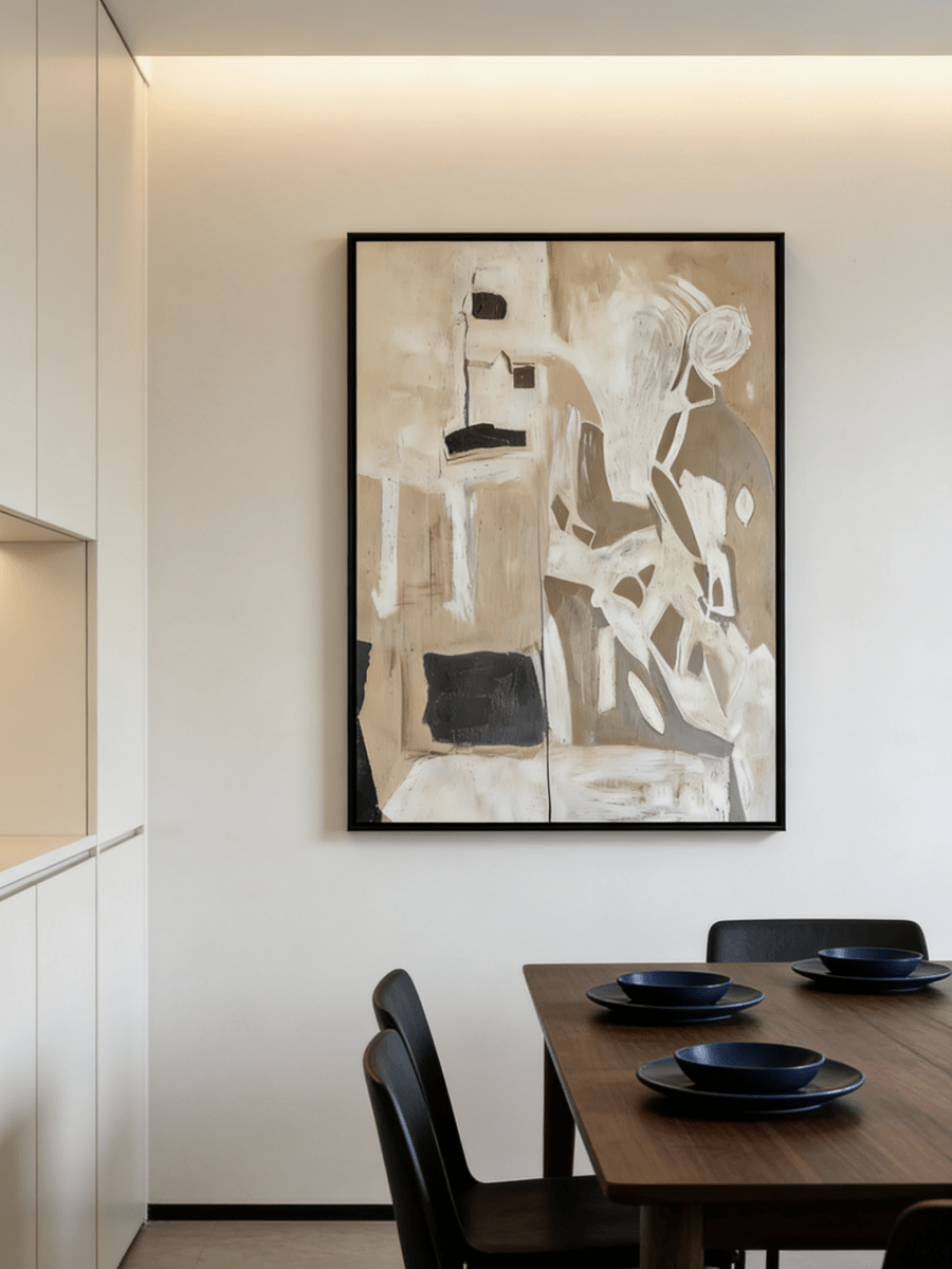 Large vertical hand-painted abstract female figure painting in neutral earth tones (sand, beige, black) , styled in a modern minimalist living room.