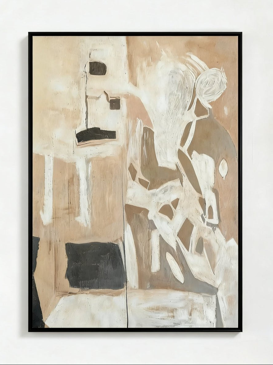 Large vertical hand-painted abstract female figure painting in neutral earth tones (sand, beige, black) , styled in a modern minimalist living room.
