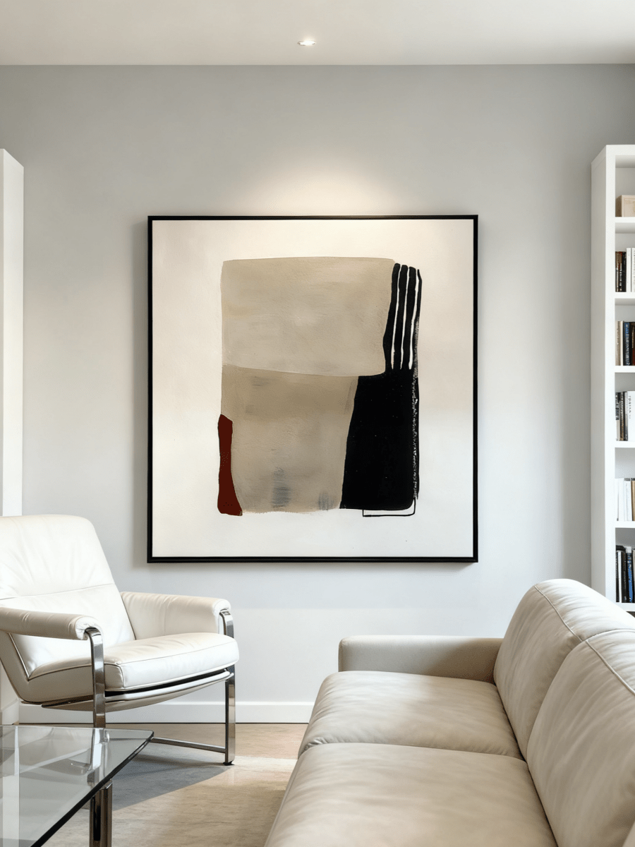 Large square hand-painted minimalist abstract oil painting featuring beige and black color blocks with a red accent