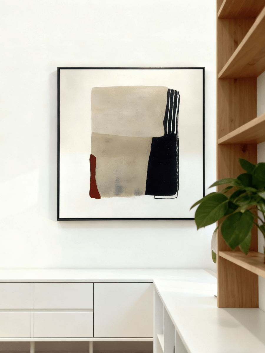 Large square hand-painted minimalist abstract oil painting featuring beige and black color blocks with a red accent