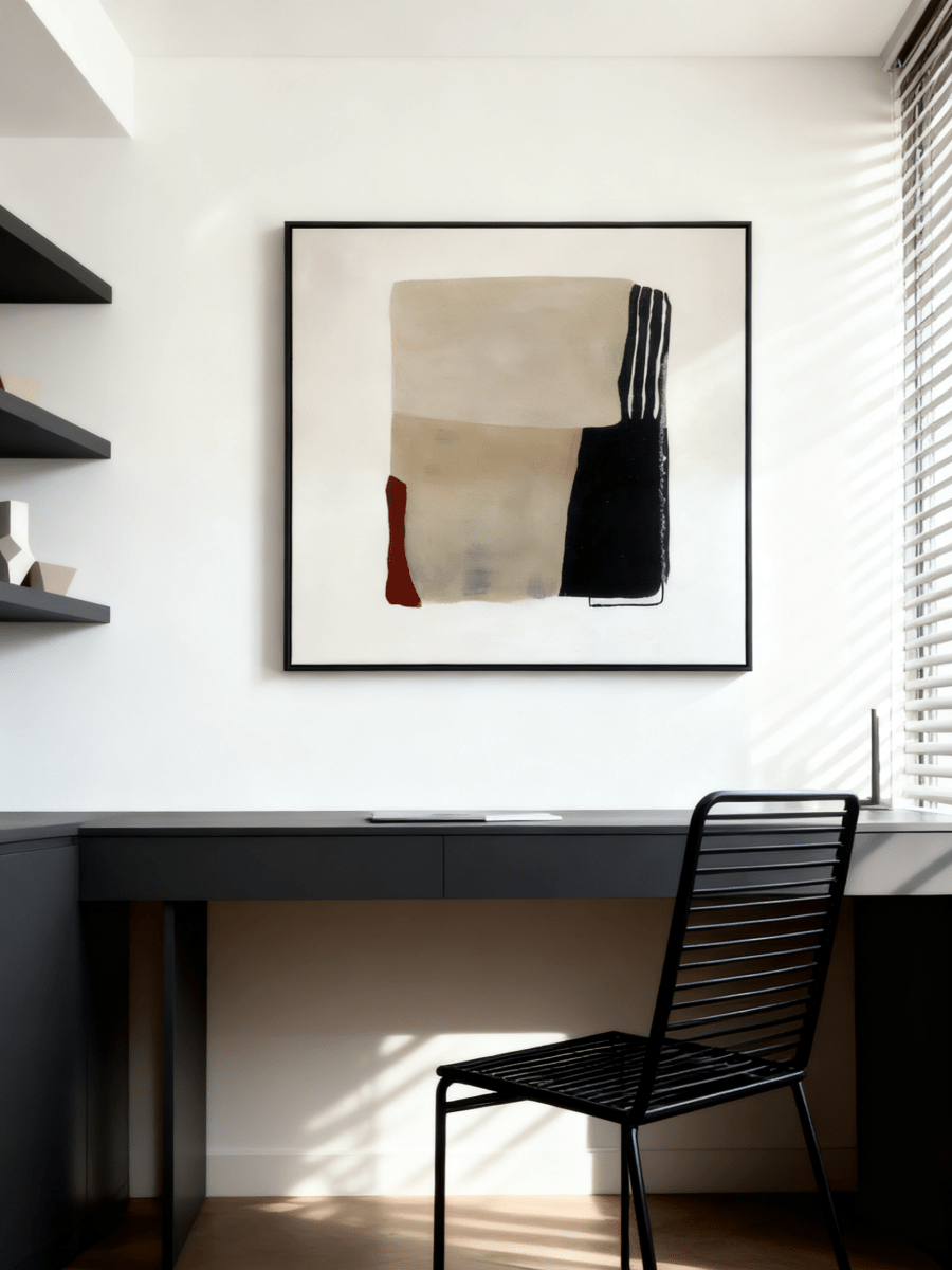 Large square hand-painted minimalist abstract oil painting featuring beige and black color blocks with a red accent
