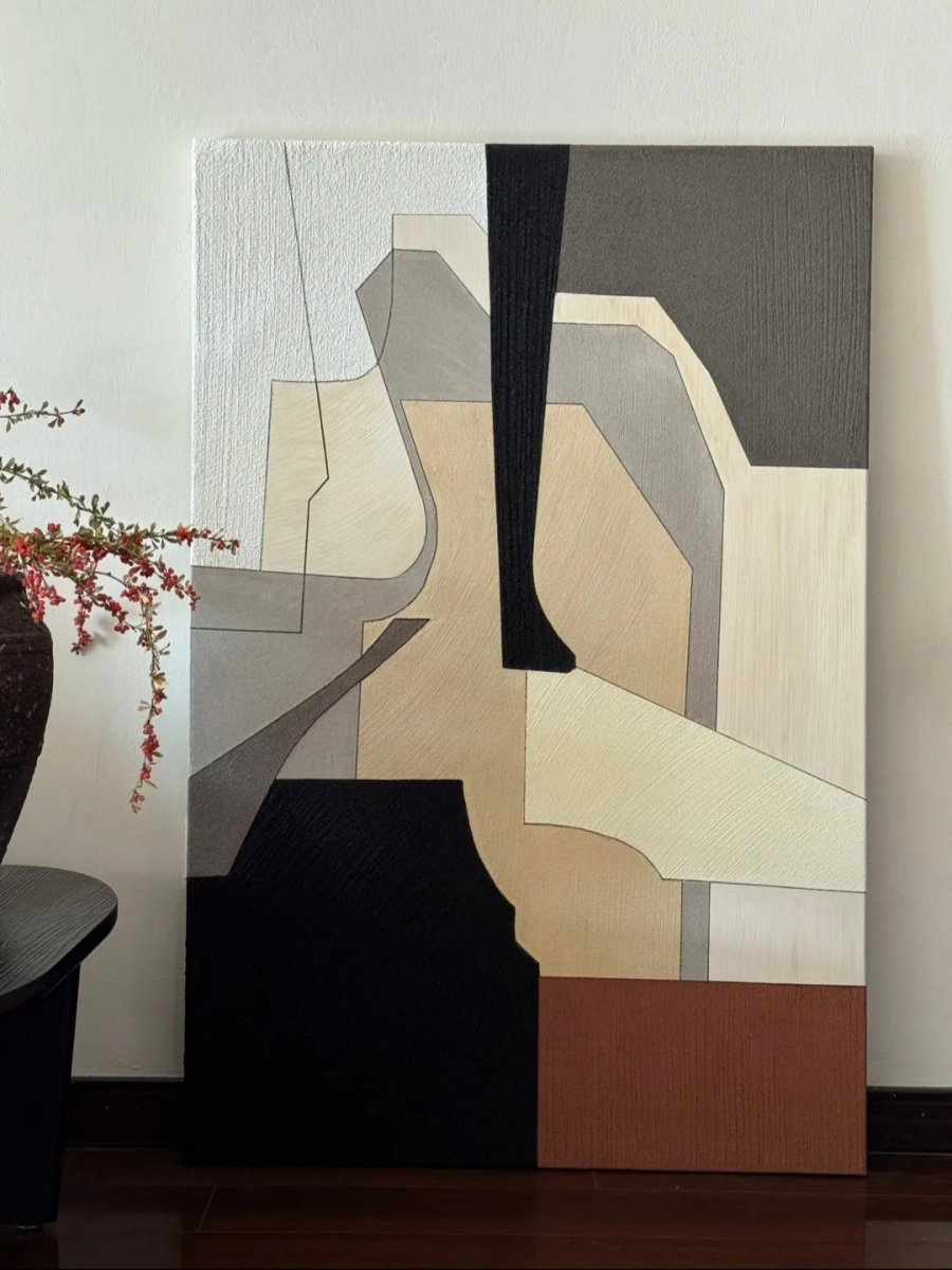 hand-painted geometric abstract oil painting on canvas, heavy texture in brown, black, and beige, modern wall art for living room decor.