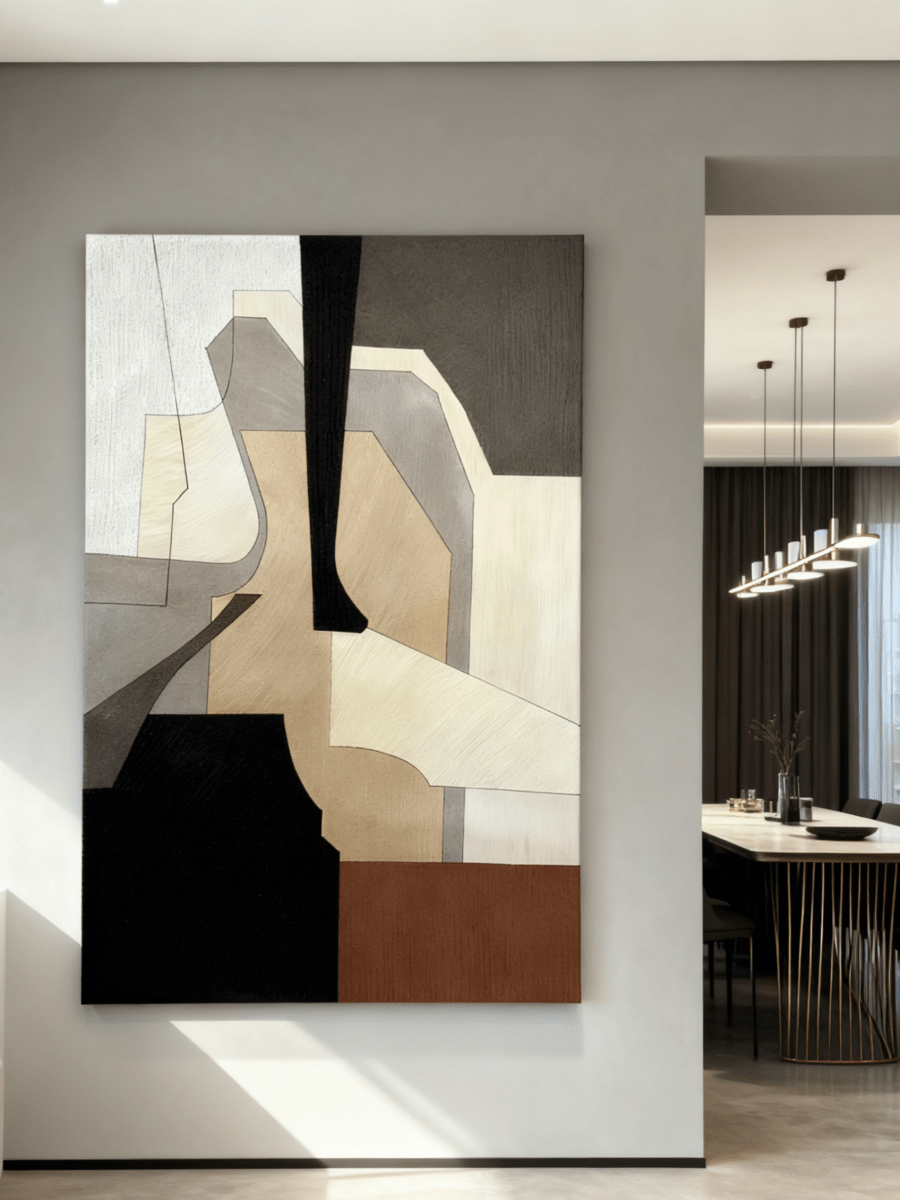 hand-painted geometric abstract oil painting on canvas, heavy texture in brown, black, and beige, modern wall art for living room decor.