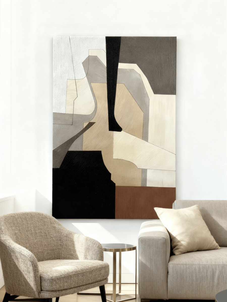 hand-painted geometric abstract oil painting on canvas, heavy texture in brown, black, and beige, modern wall art for living room decor.