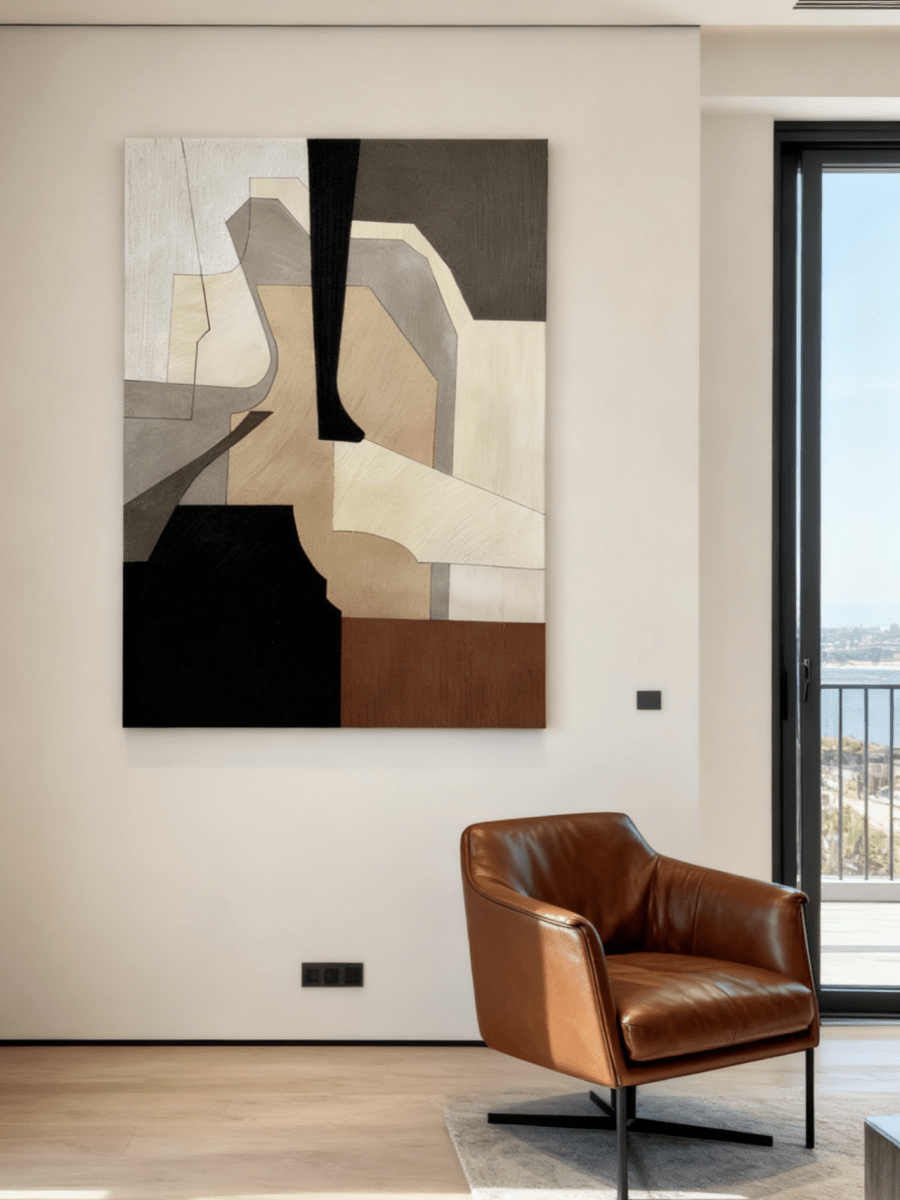 hand-painted geometric abstract oil painting on canvas, heavy texture in brown, black, and beige, modern wall art for living room decor.