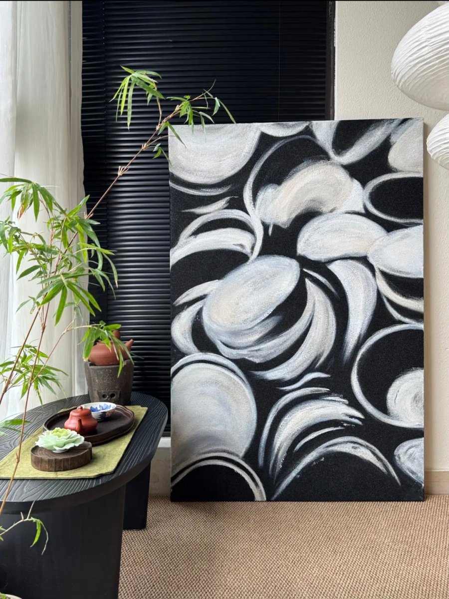 Original black and white abstract painting–modern monochrome wall art for living room or office decor