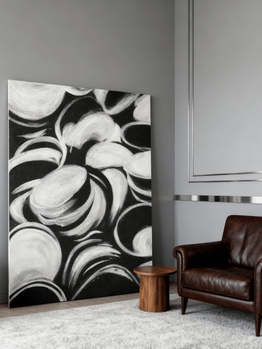 Original black and white abstract painting–modern monochrome wall art for living room or office decor