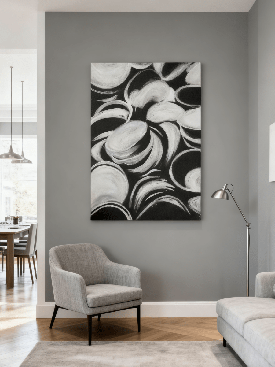 Original black and white abstract painting–modern monochrome wall art for living room or office decor