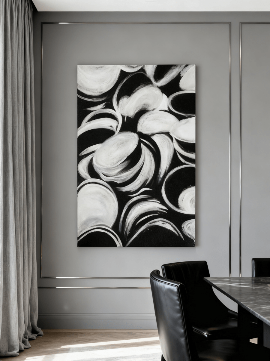 Original black and white abstract painting–modern monochrome wall art for living room or office decor