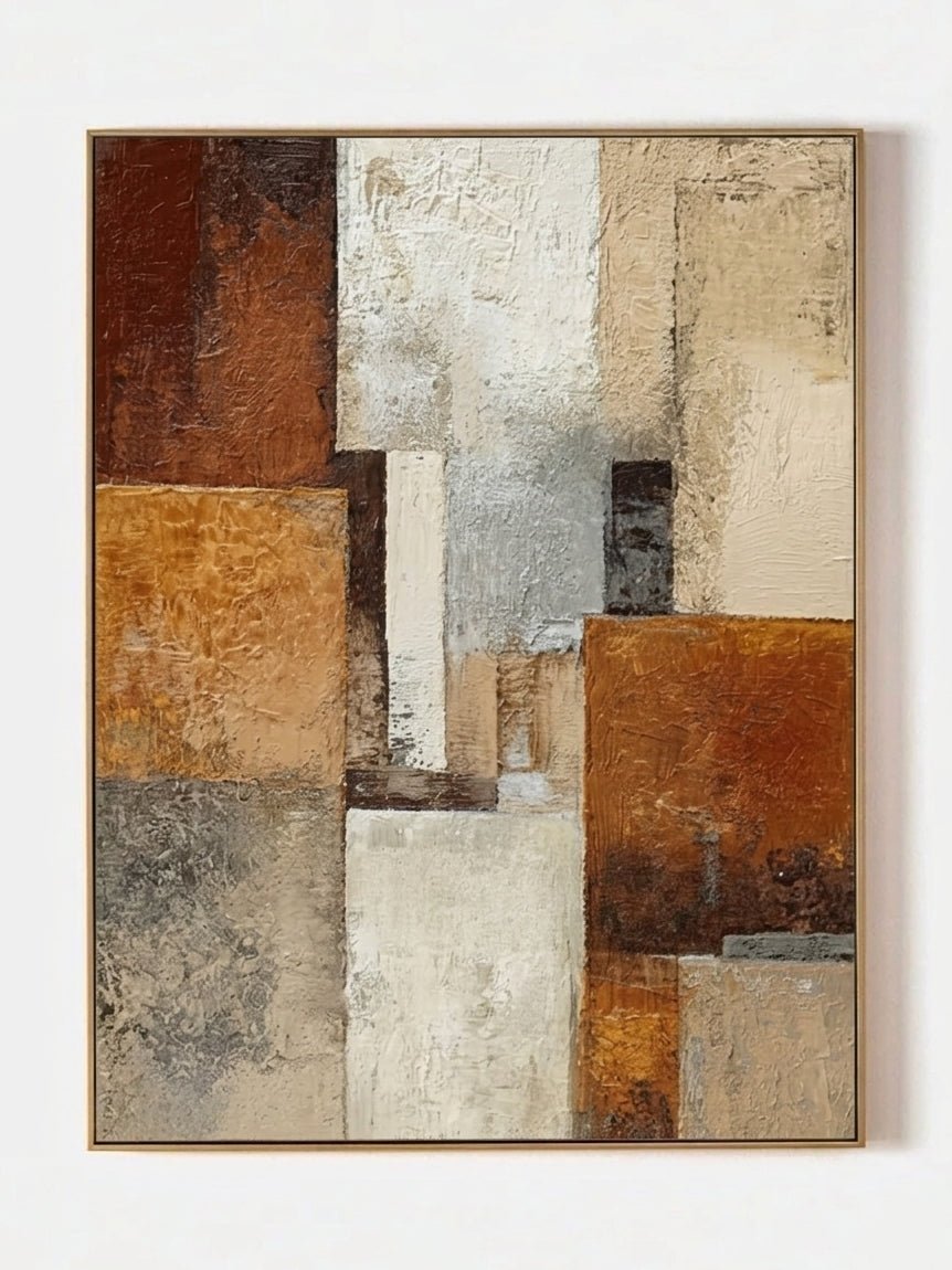 Close-up of 3D heavy textured abstract oil painting in burnt orange, ochre, and grey by Seraphina Rose for modern living room decor.