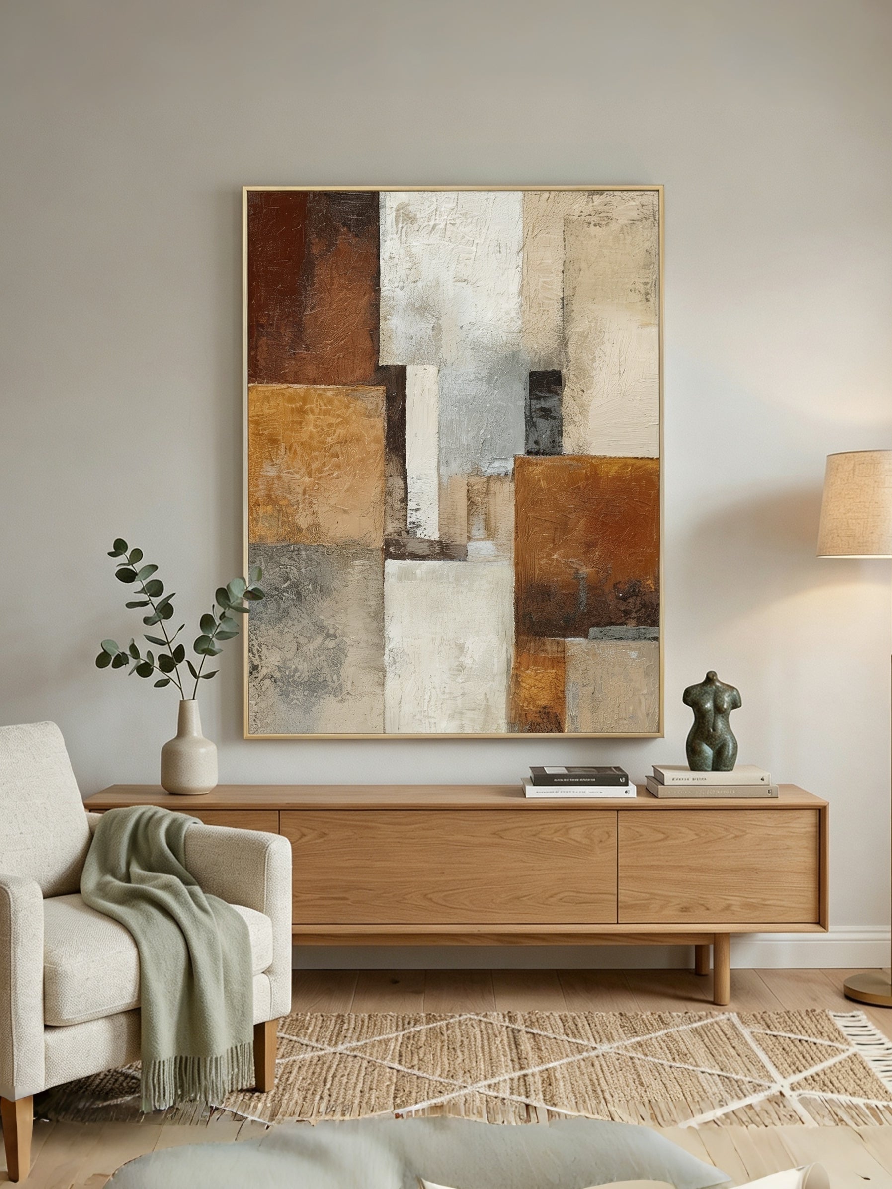 Close-up of 3D heavy textured abstract oil painting in burnt orange, ochre, and grey by Seraphina Rose for modern living room decor.