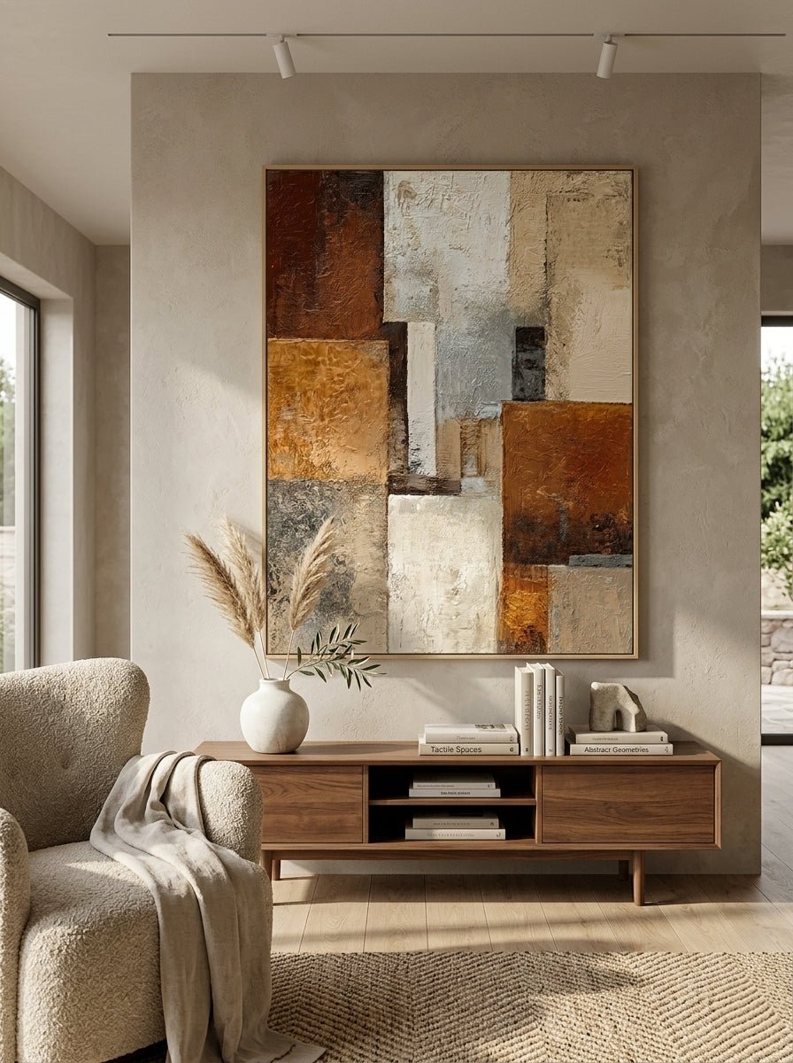 Close-up of 3D heavy textured abstract oil painting in burnt orange, ochre, and grey by Seraphina Rose for modern living room decor.