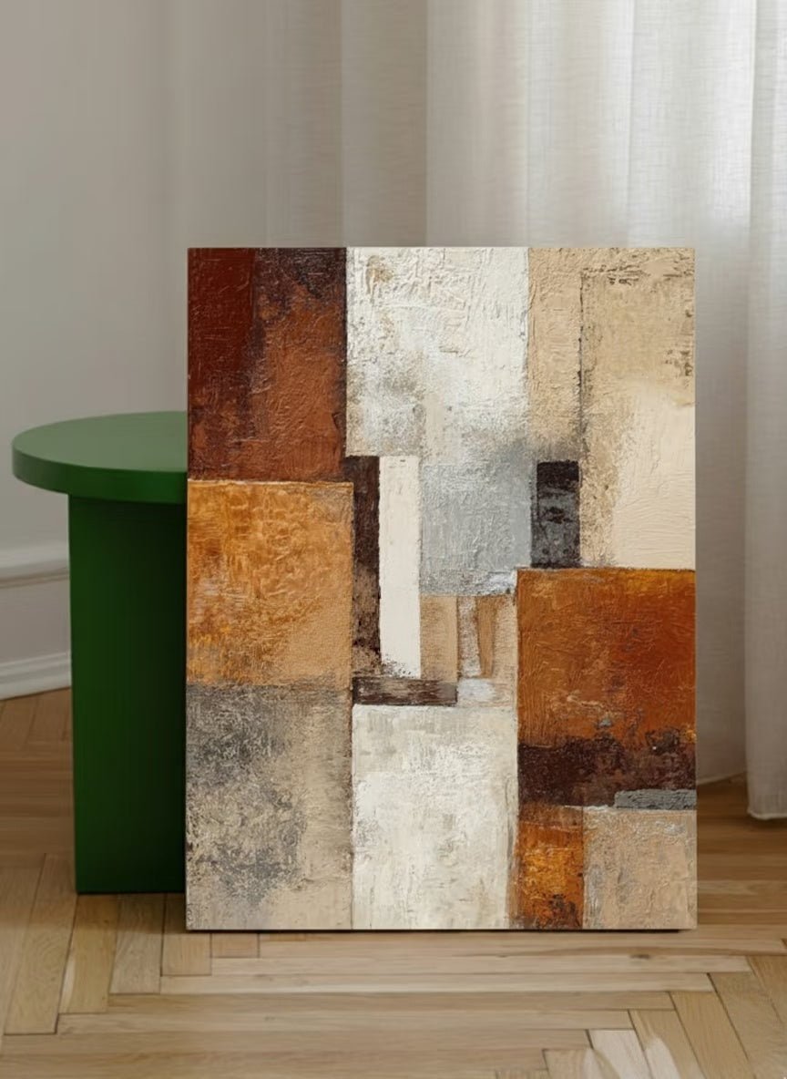 Close-up of 3D heavy textured abstract oil painting in burnt orange, ochre, and grey by Seraphina Rose for modern living room decor.