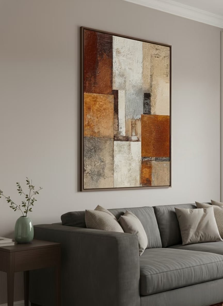 Close-up of 3D heavy textured abstract oil painting in burnt orange, ochre, and grey by Seraphina Rose for modern living room decor.