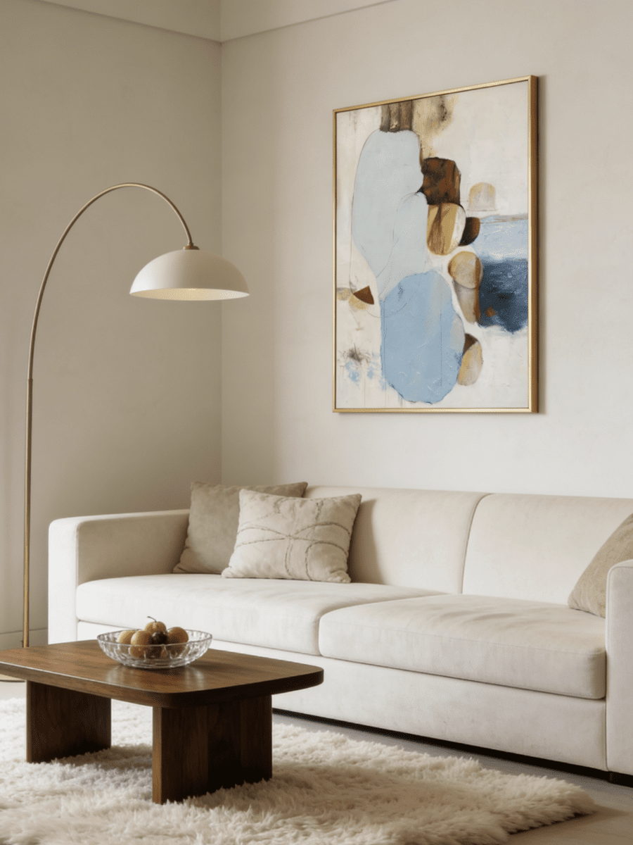 Hand-painted modern organic abstract painting featuring blue and brown stone-like shapes with heavy impasto texture in a gold frame.