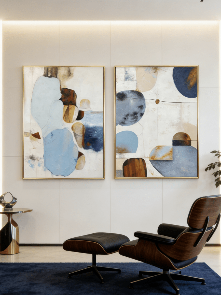 Large 2-piece hand-painted abstract diptych with organic blue and terracotta shapes and heavy texture by Seraphina Rose in a modern coastal living room.