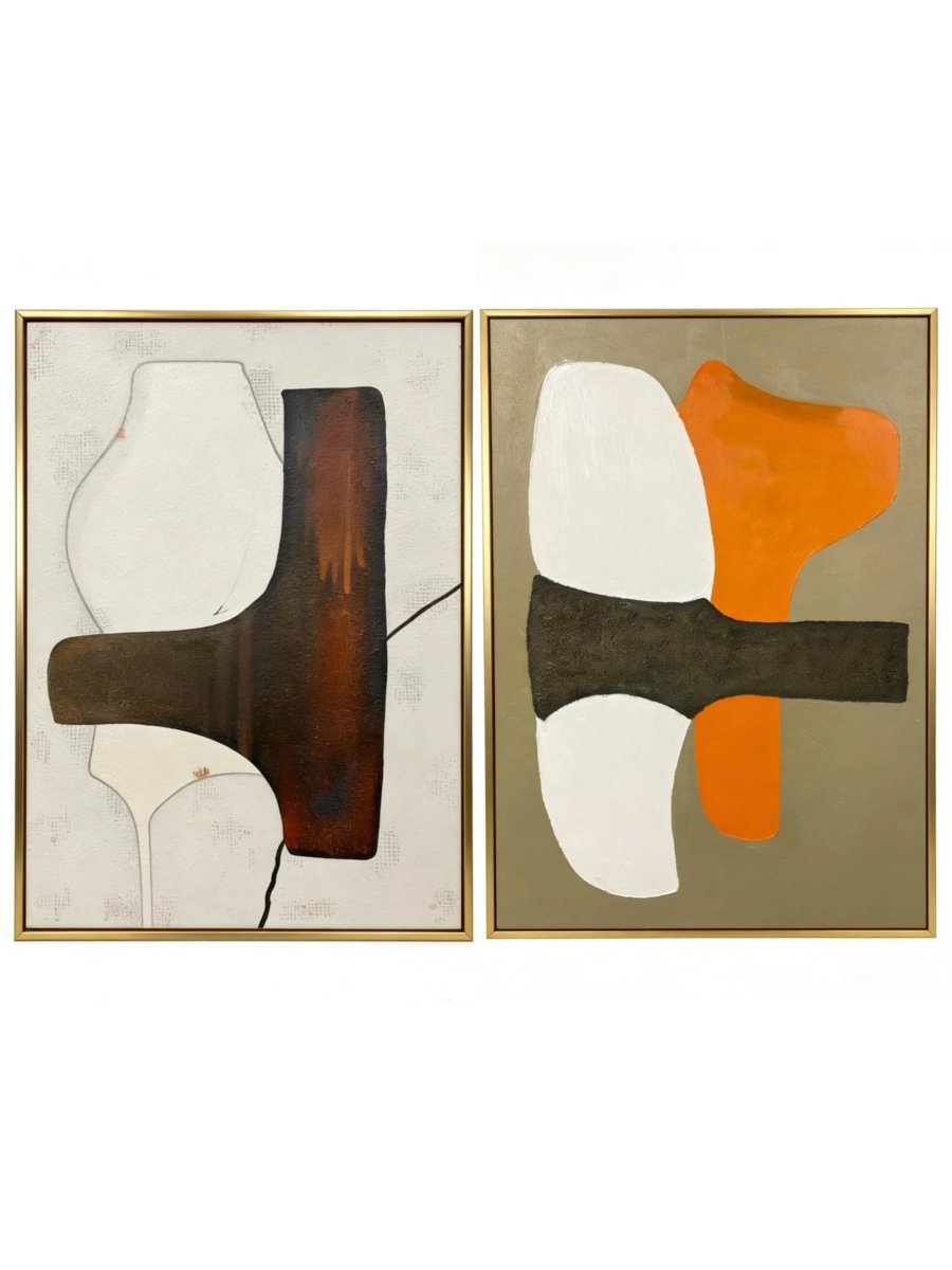 A pair of large vertical abstract paintings with a horizontal dark textured band and orange and white geometric shapes.