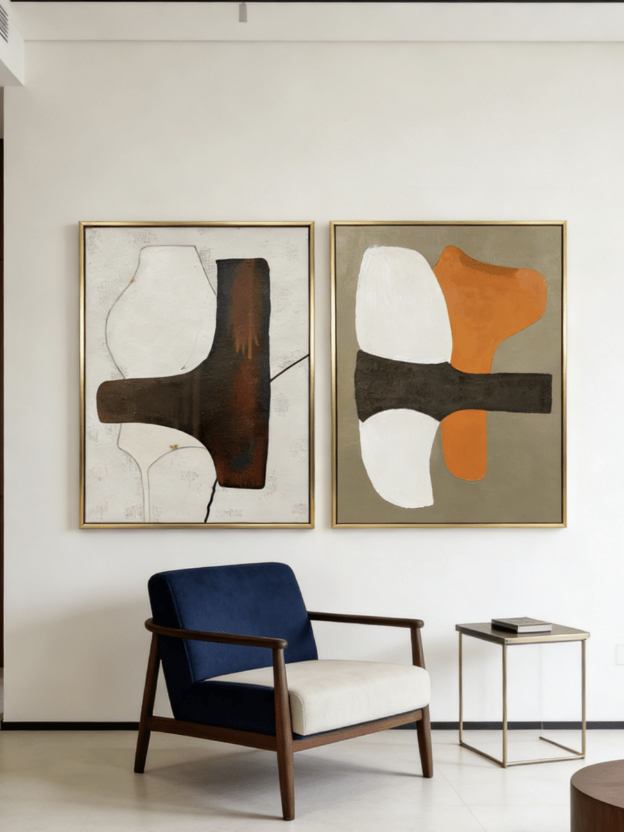 A pair of large vertical abstract paintings with a horizontal dark textured band and orange and white geometric shapes.