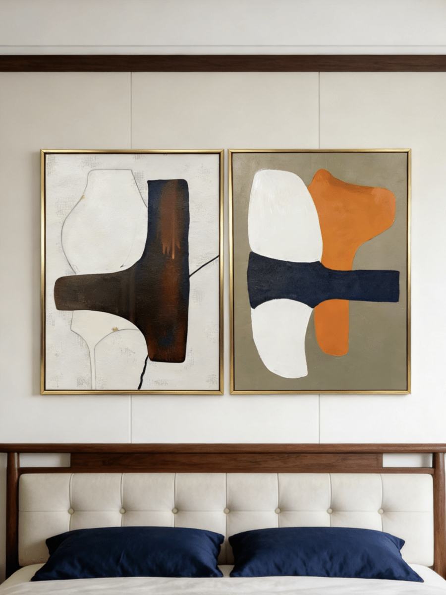 A pair of large vertical abstract paintings with a horizontal dark textured band and orange and white geometric shapes.