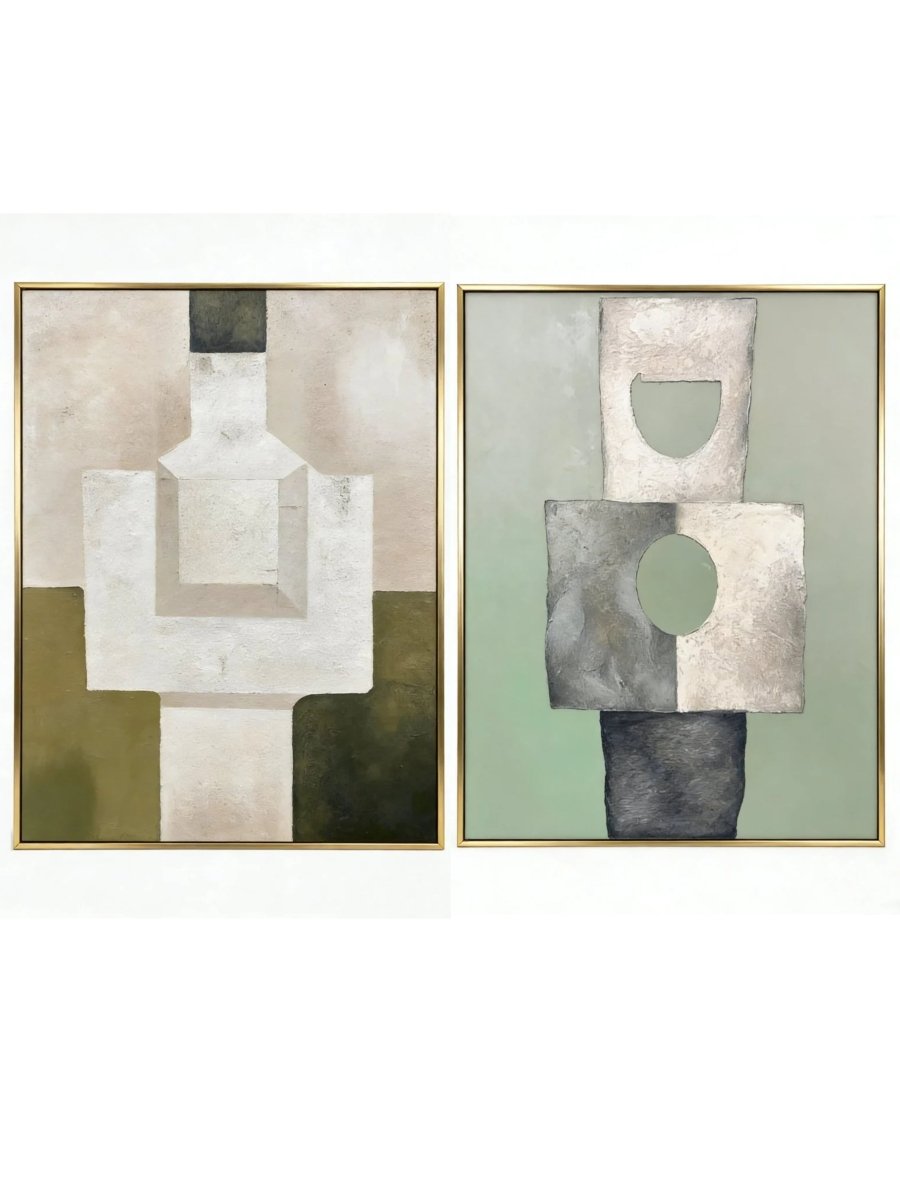 A pair of large vertical abstract paintings with geometric totem-like shapes in sage green, olive, and beige with visible heavy texture.