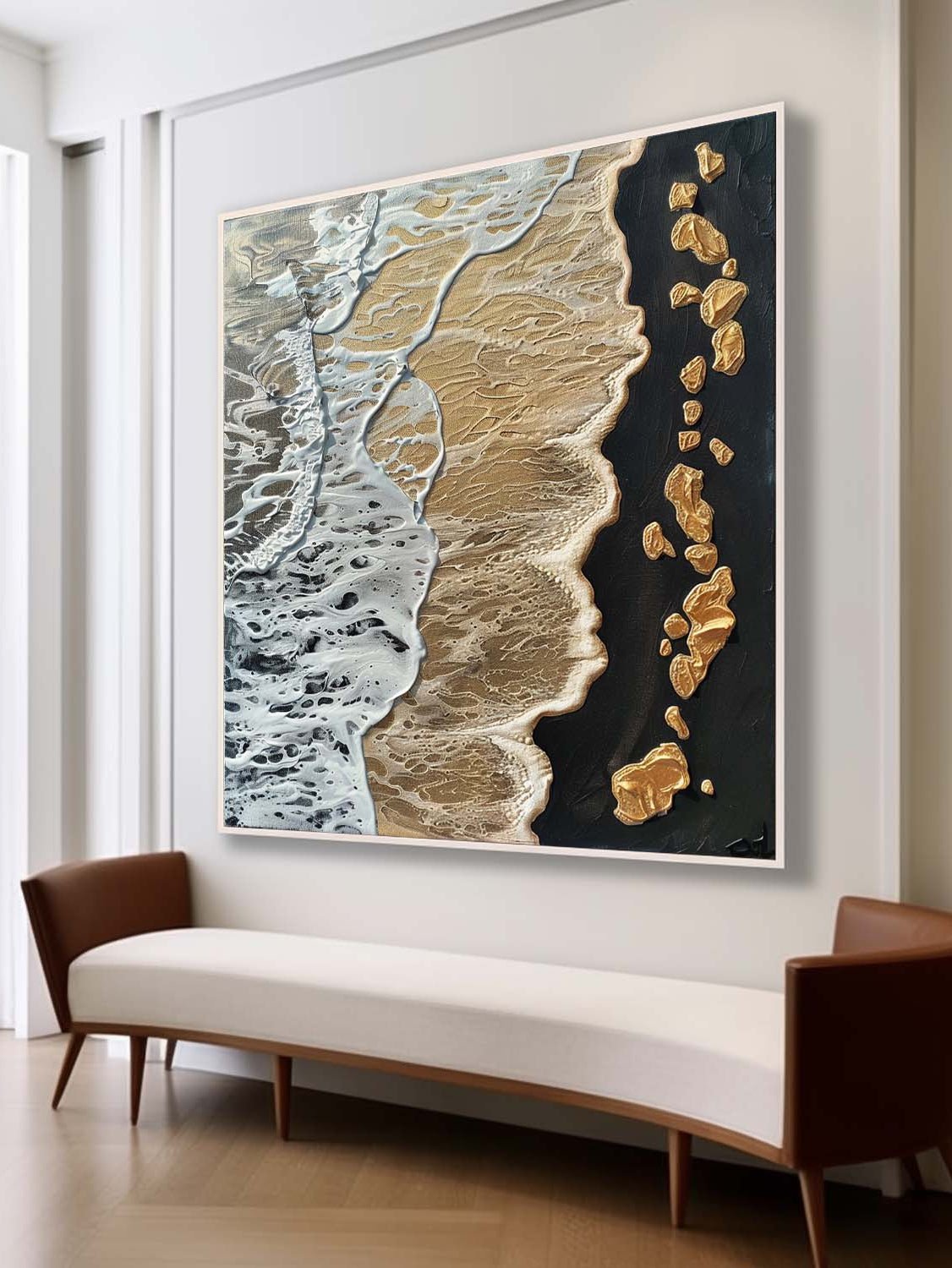 A large square 3D textured white abstract painting with sculpted gold leaf curves by Leo Liang, hung in a modern minimalist living room.