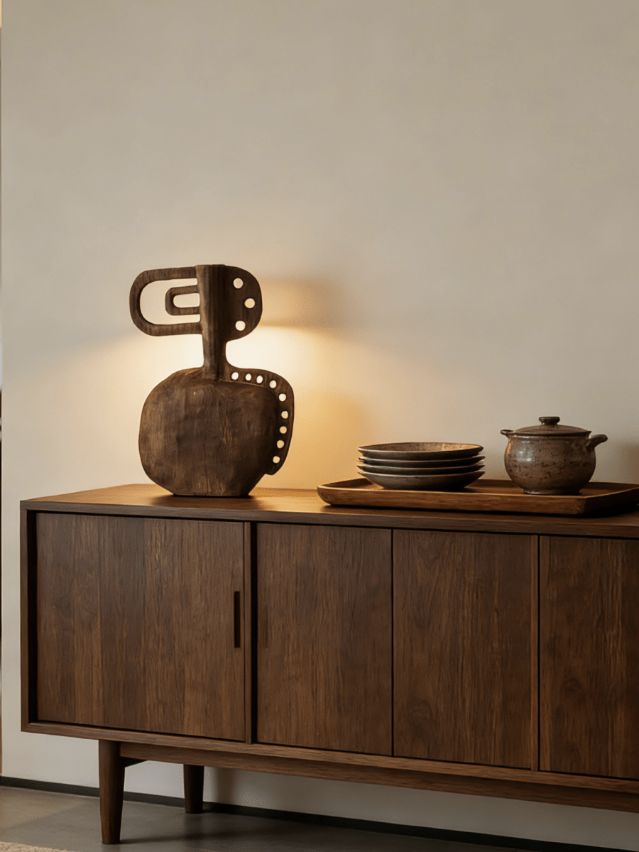 hand-carved modern primitive wood totem sculpture with dark walnut finish and hole details, large abstract wooden art for living room decor.