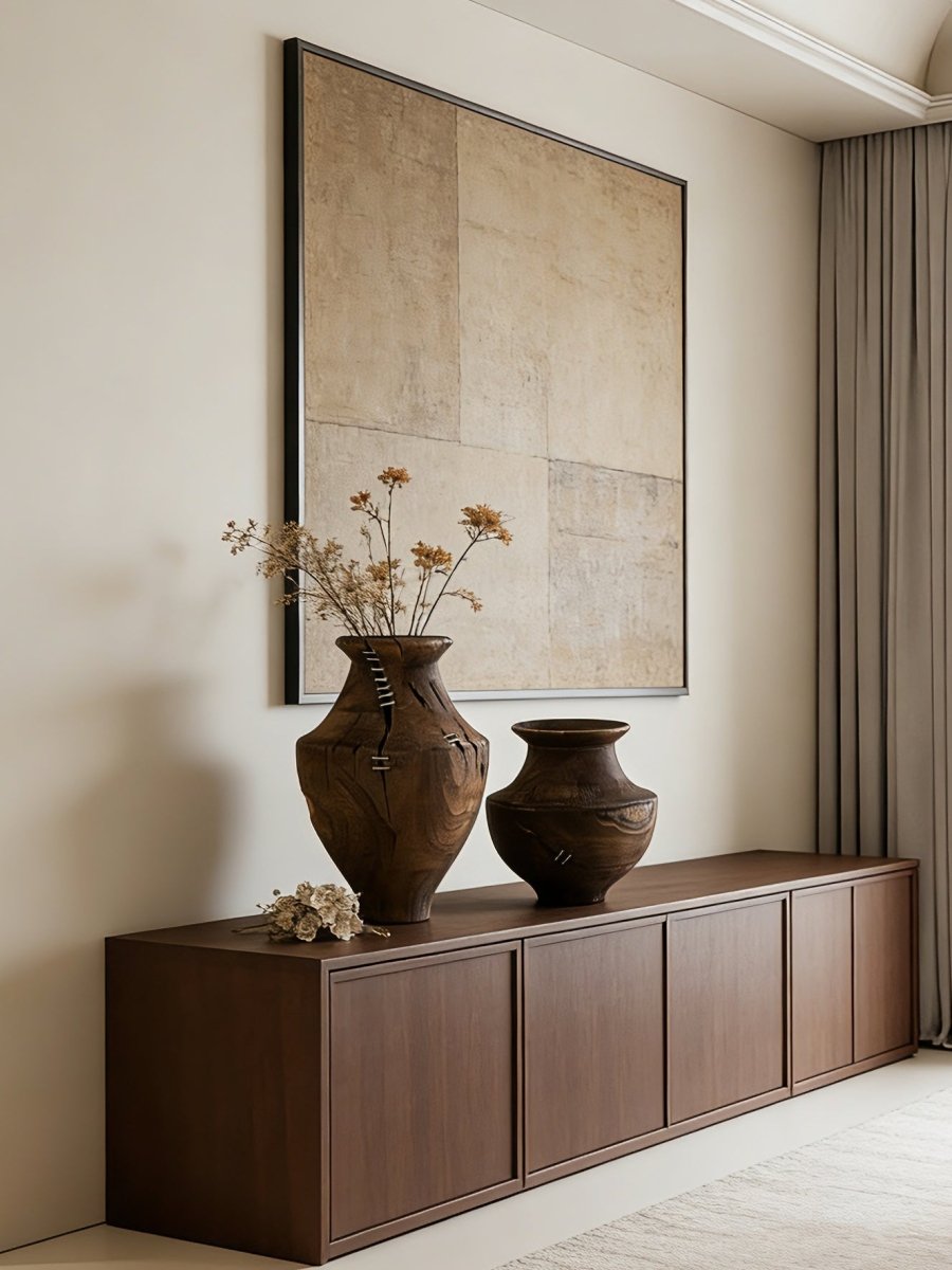 hand-carved Wabi-Sabi natural wood vase with metallic stitch accents, primitive rustic wooden sculpture for minimalist console decor.