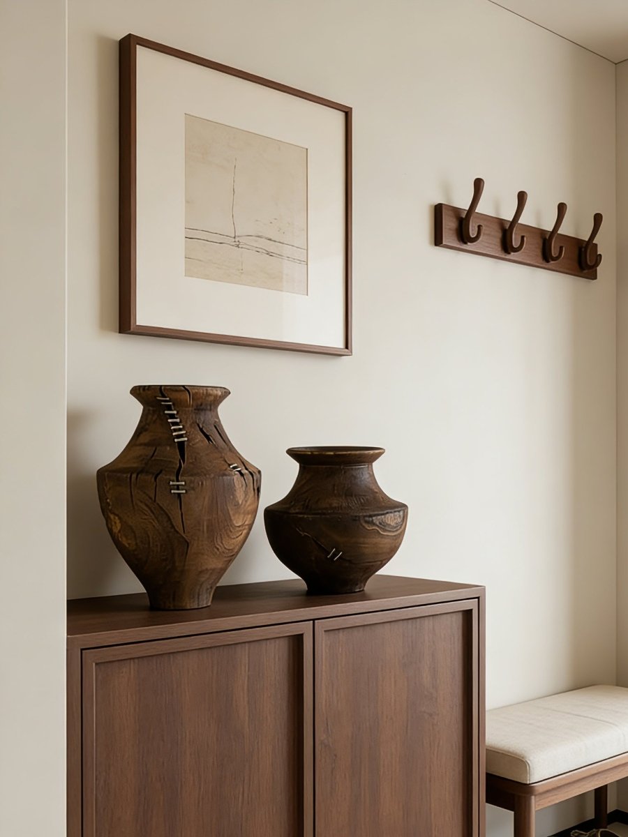 hand-carved Wabi-Sabi natural wood vase with metallic stitch accents, primitive rustic wooden sculpture for minimalist console decor.