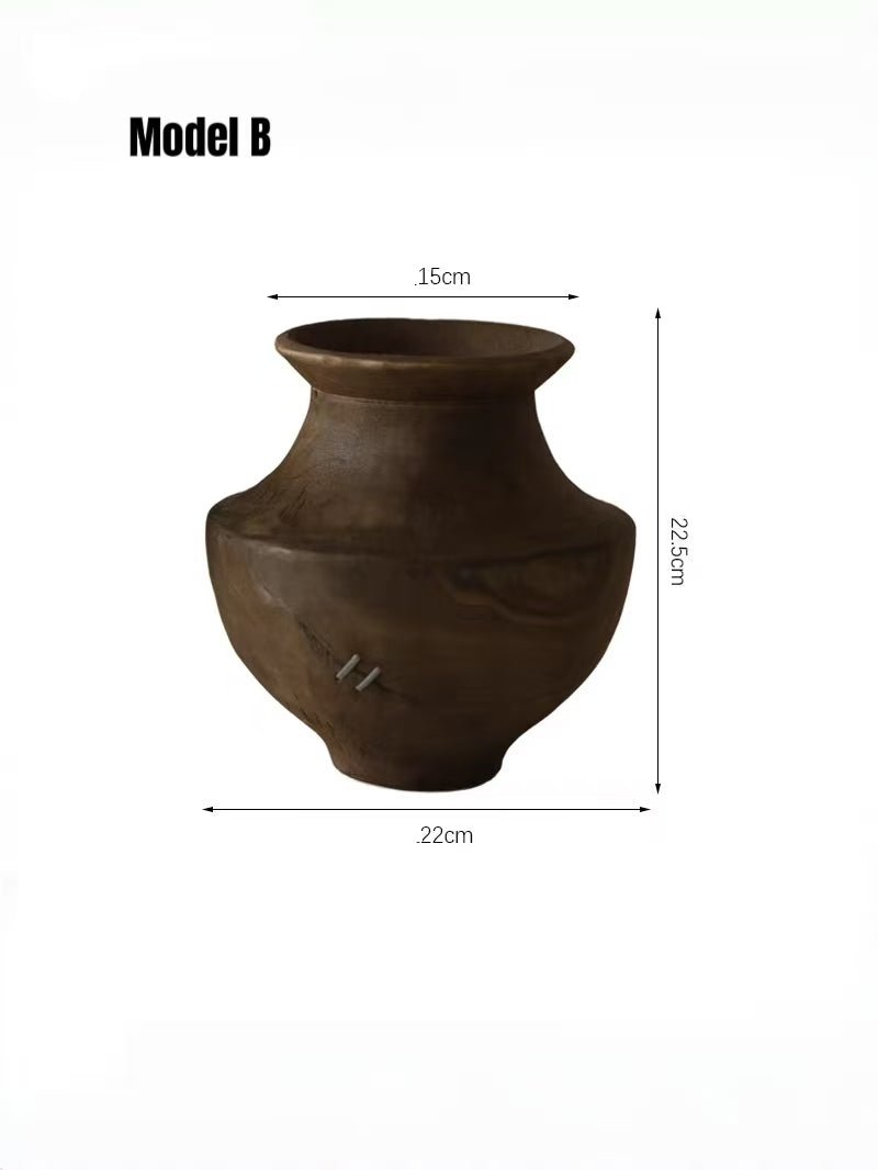 hand-carved Wabi-Sabi natural wood vase with metallic stitch accents, primitive rustic wooden sculpture for minimalist console decor.