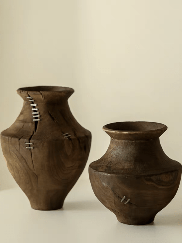 hand-carved Wabi-Sabi natural wood vase with metallic stitch accents, primitive rustic wooden sculpture for minimalist console decor.