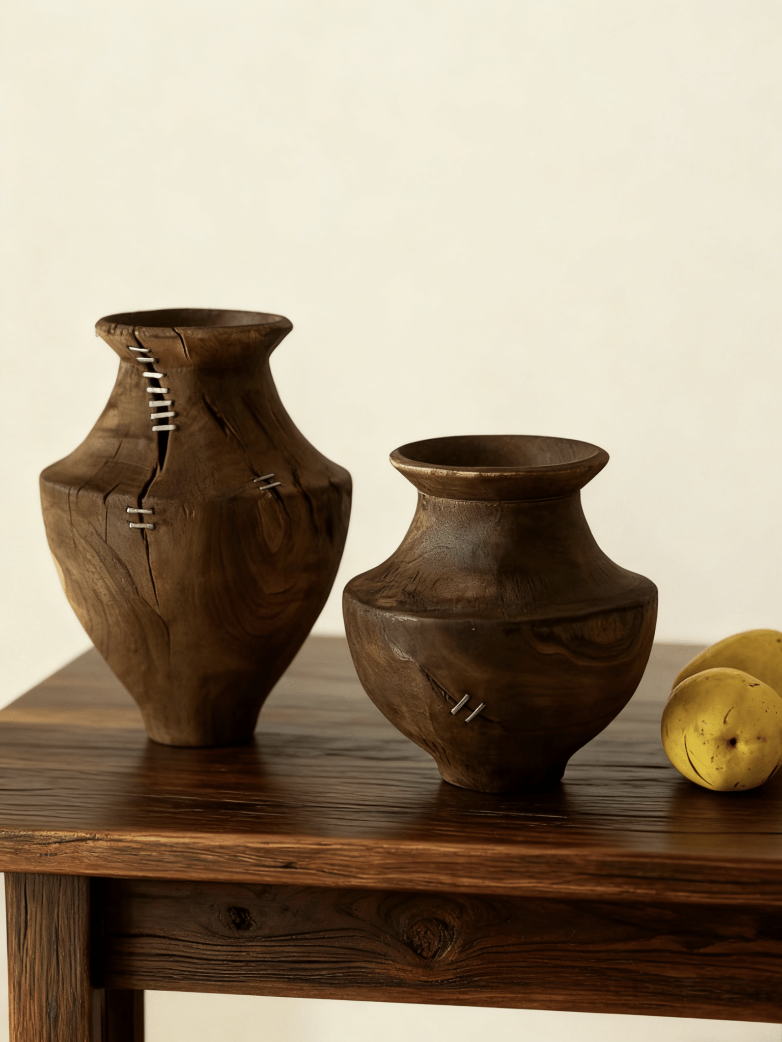 hand-carved Wabi-Sabi natural wood vase with metallic stitch accents, primitive rustic wooden sculpture for minimalist console decor.