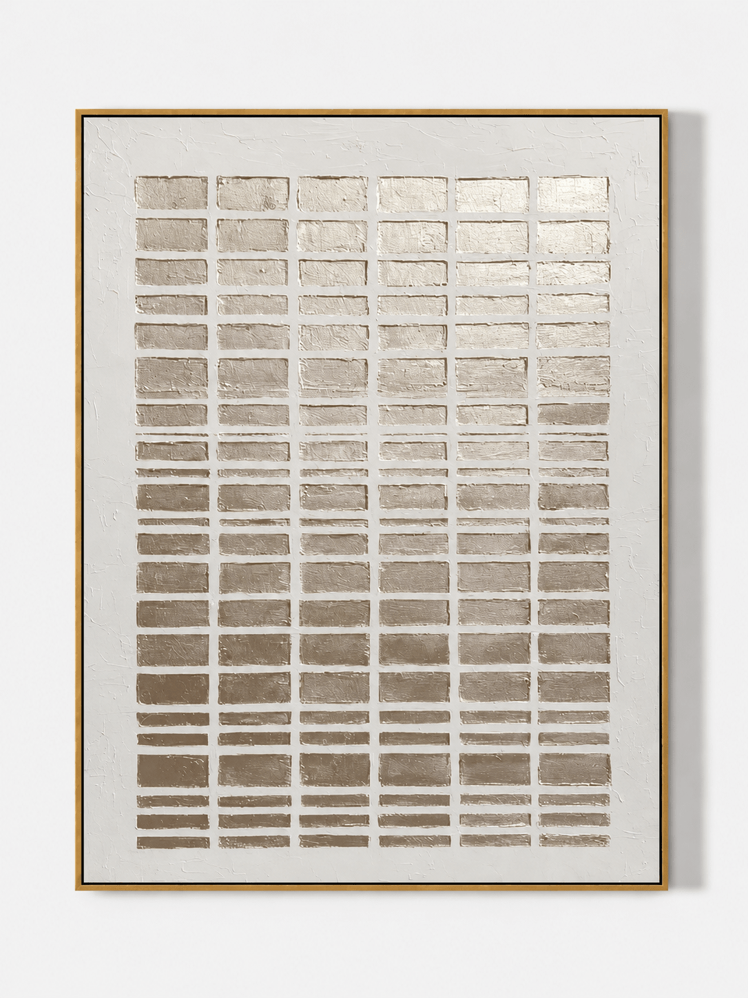 Vertical textured champagne gold geometric relief painting on white canvas by Eliot Vermeer - WABI Wall Art