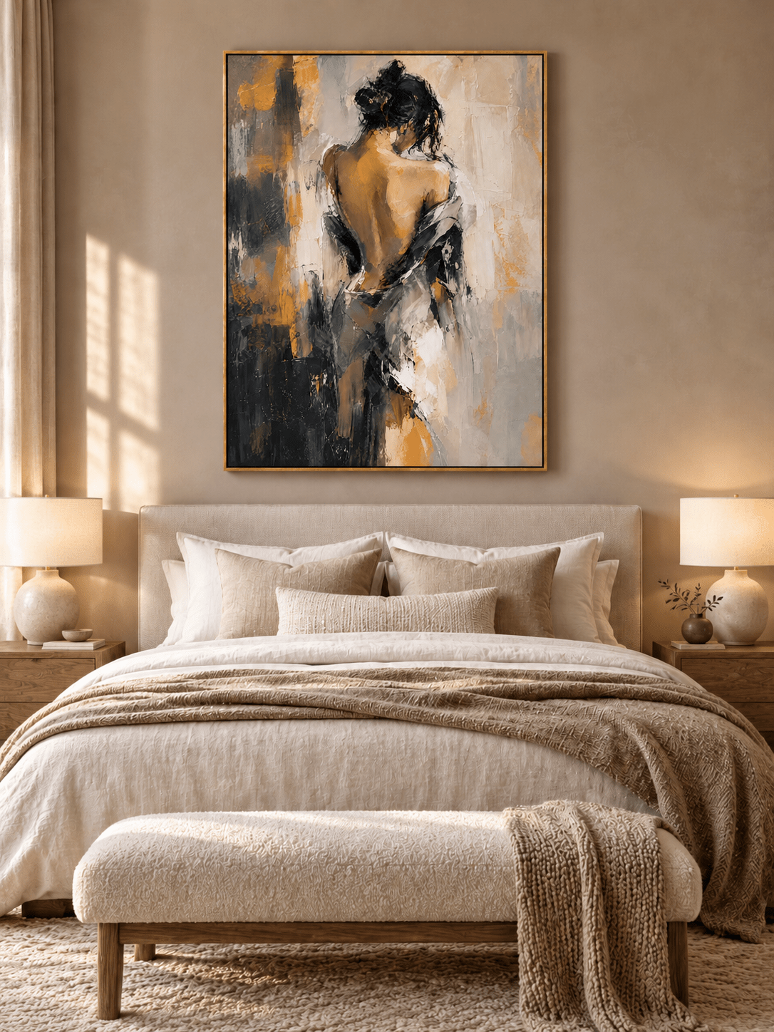 Expressive woman wall art in black, beige and ochre tones displayed in a sophisticated modern bedroom.