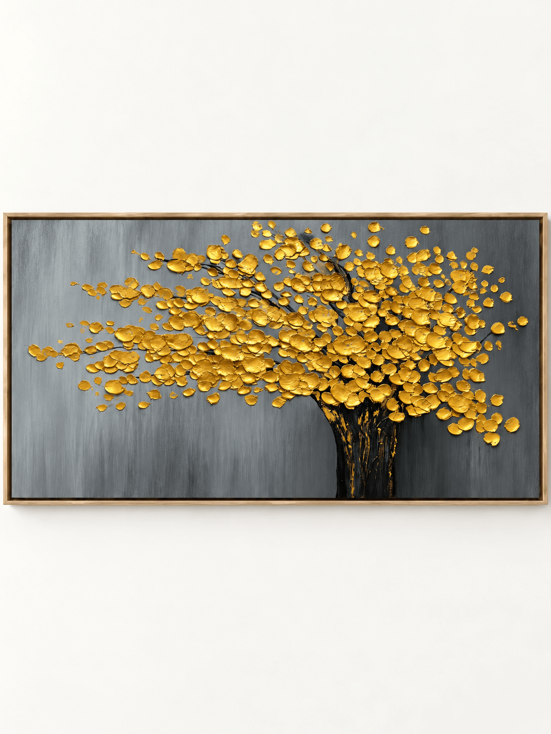 Hand-painted textured golden tree canvas painting with raised gold leaves and a charcoal gray background by Maya Lin.
