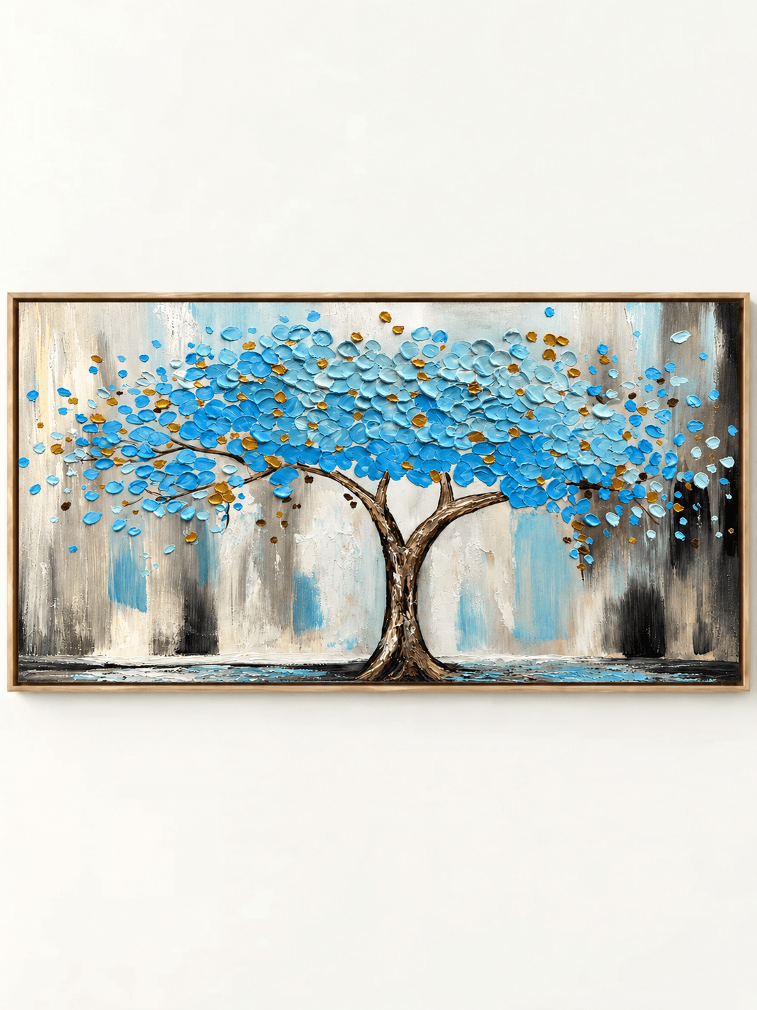 Hand-painted textured blue Tree of Life canvas painting with turquoise leaves and gold accents by Maya Lin.