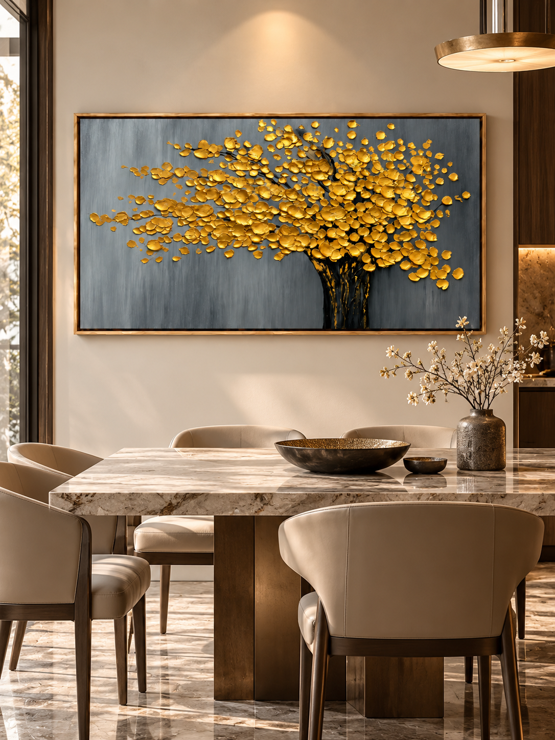 Hand-painted golden tree canvas painting displayed in a modern open dining room with neutral decor.
