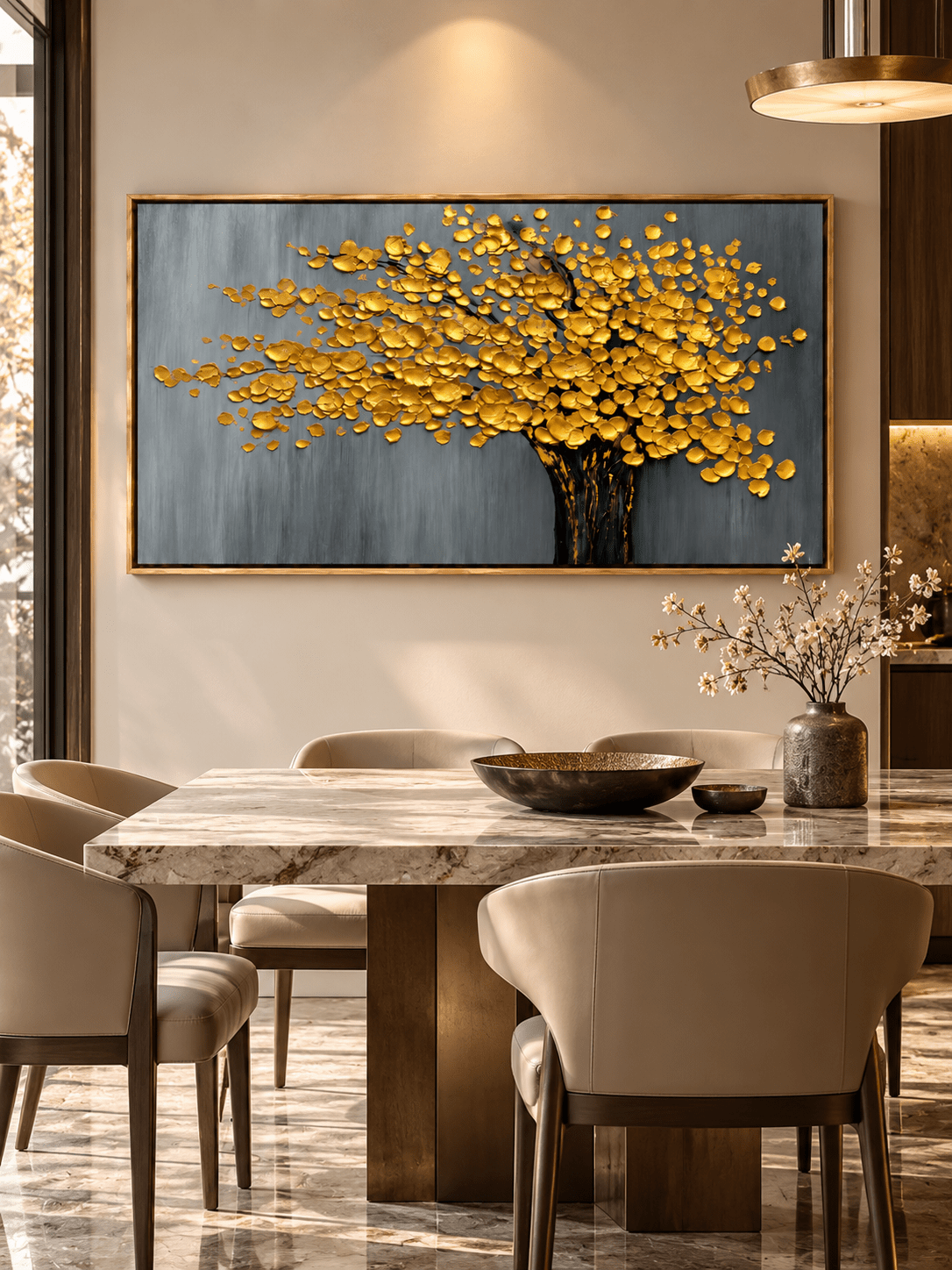 Hand-painted golden tree canvas painting displayed in a modern open dining room with neutral decor.