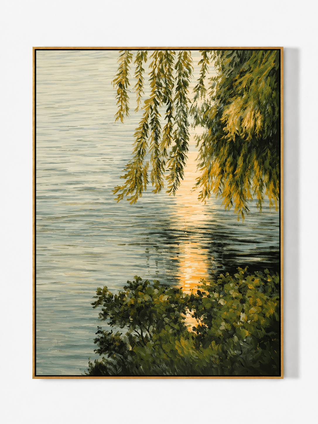 Hand-painted impressionist willow lake painting with golden sunset reflections, green foliage and blue-gray water by Evelyn Li.